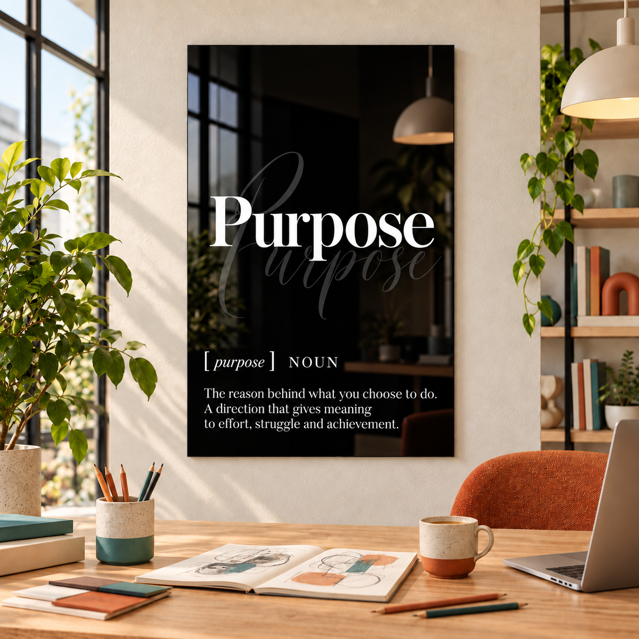 Purpose Definition glass wall art by Artdesigna, black and white typography print in a home office