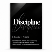 Discipline Definition glass wall art by Artdesigna, black and white typography print