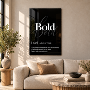 Bold Definition glass wall art by Artdesigna, black and white typography print in a living room