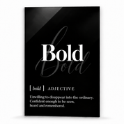 Bold Definition glass wall art by Artdesigna, black and white typography print