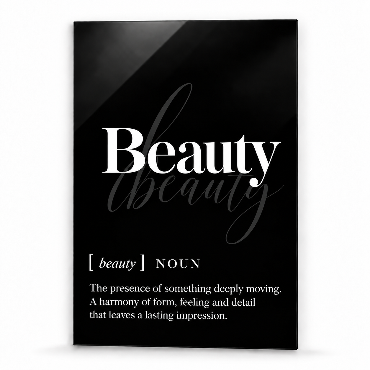 Beauty Definition glass wall art by Artdesigna, black and white typography print