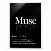 Muse Definition glass wall art by Artdesigna, black and white typography print