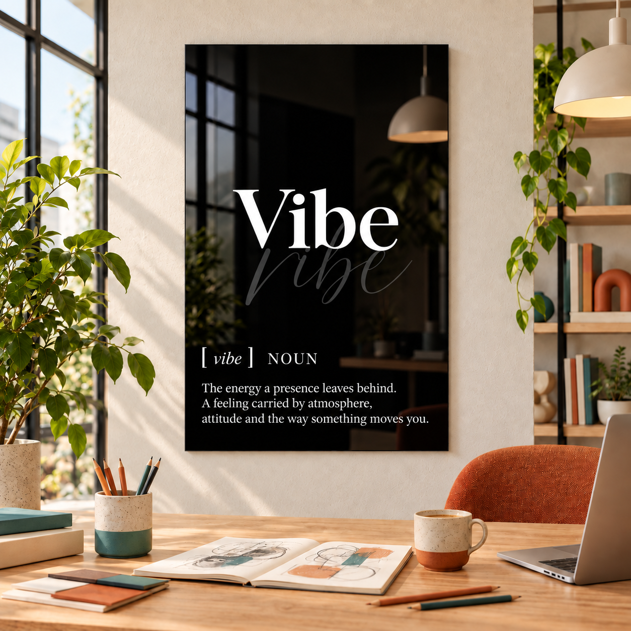 Vibe Definition glass wall art by Artdesigna, black and white typography print in a home office