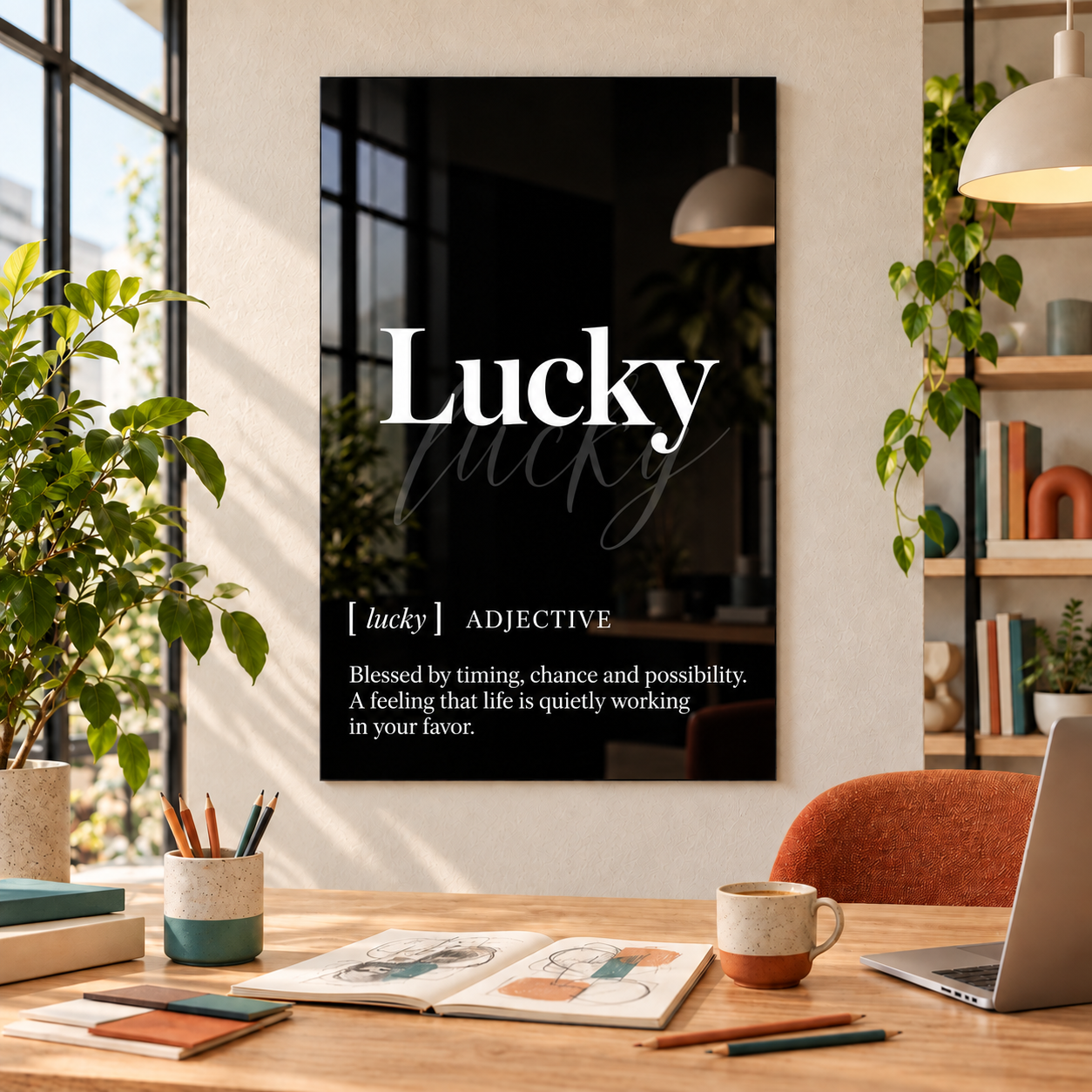 Lucky Definition glass wall art by Artdesigna, black and white typography print in a home office