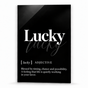 Lucky Definition glass wall art by Artdesigna, black and white typography print