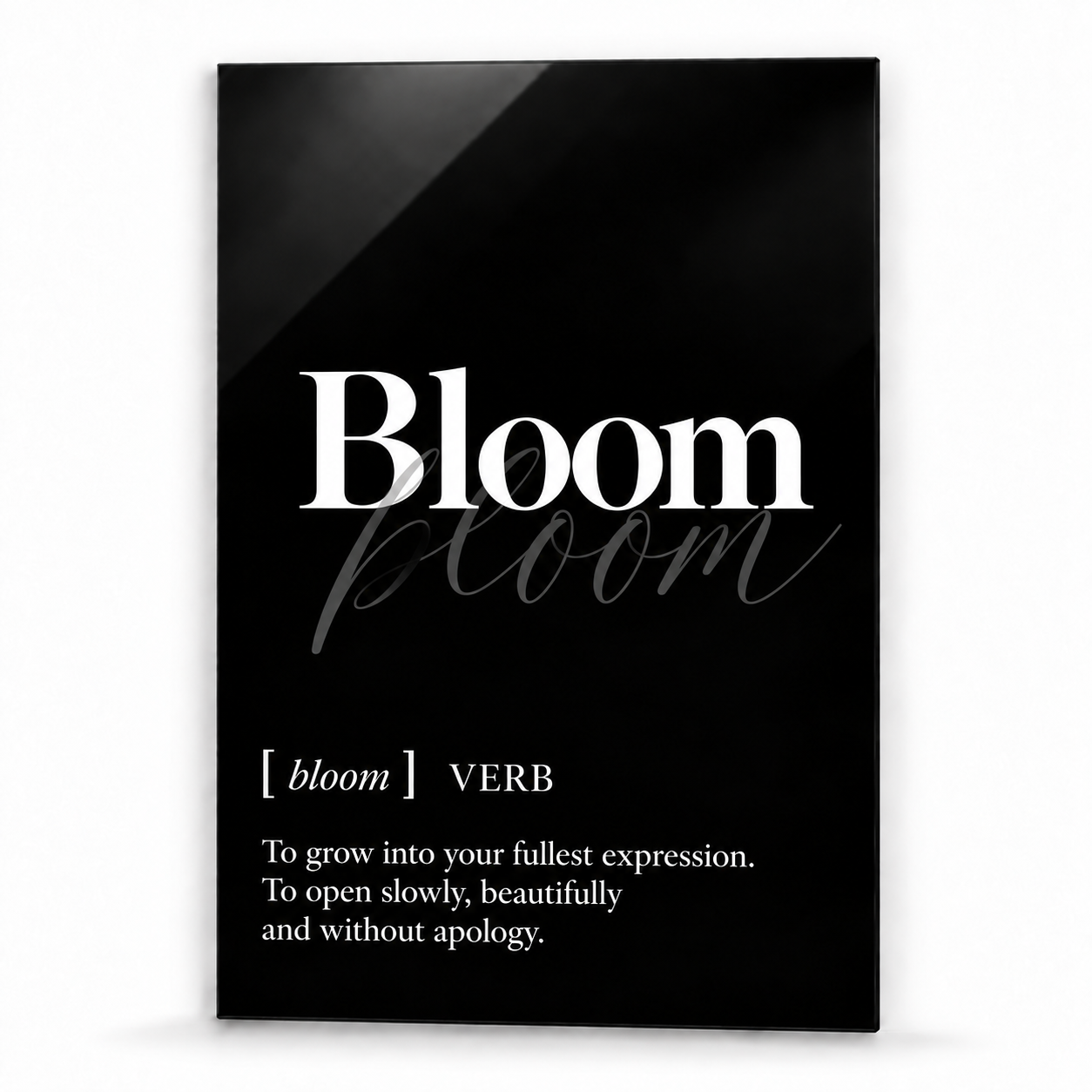Bloom Definition glass wall art by Artdesigna, black and white typography print