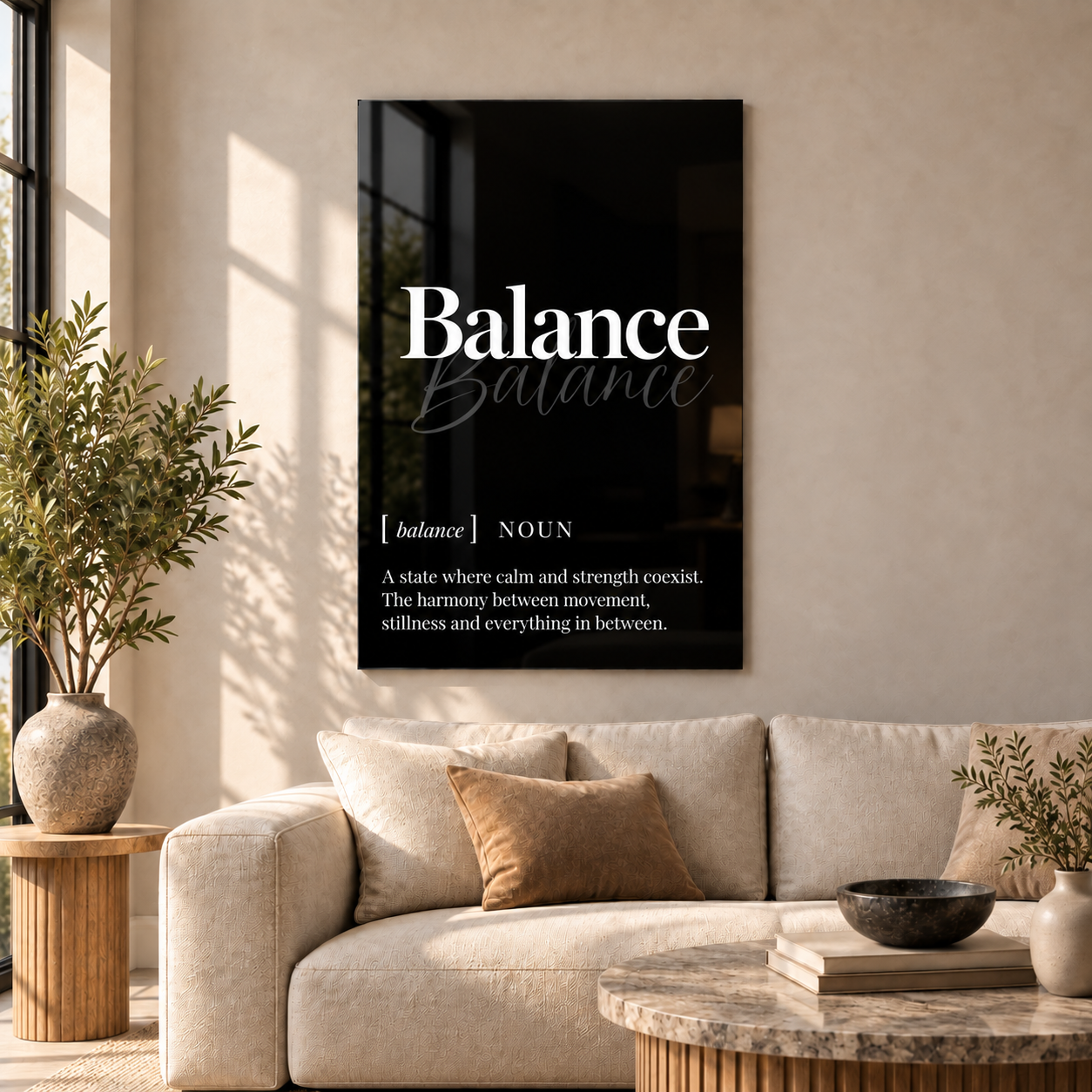 Balance Definition glass wall art by Artdesigna, black and white typography print in a living room