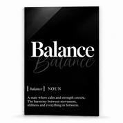 Balance Definition glass wall art by Artdesigna, black and white typography print