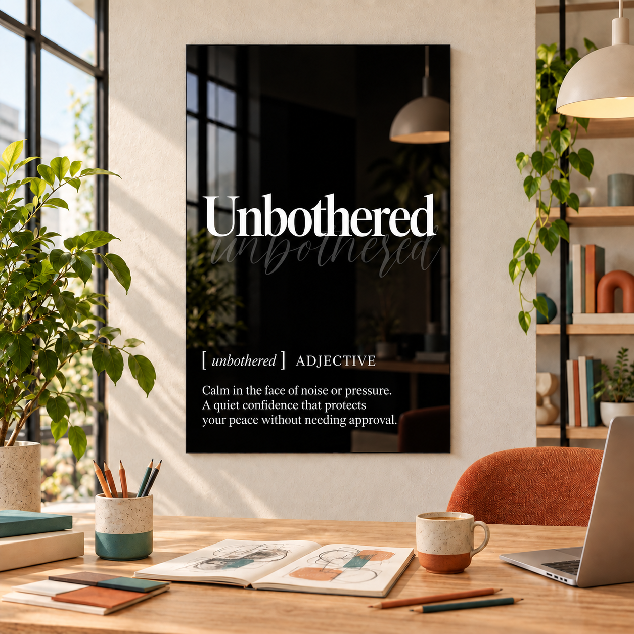 Unbothered Definition glass wall art by Artdesigna, black and white typography print in a home office