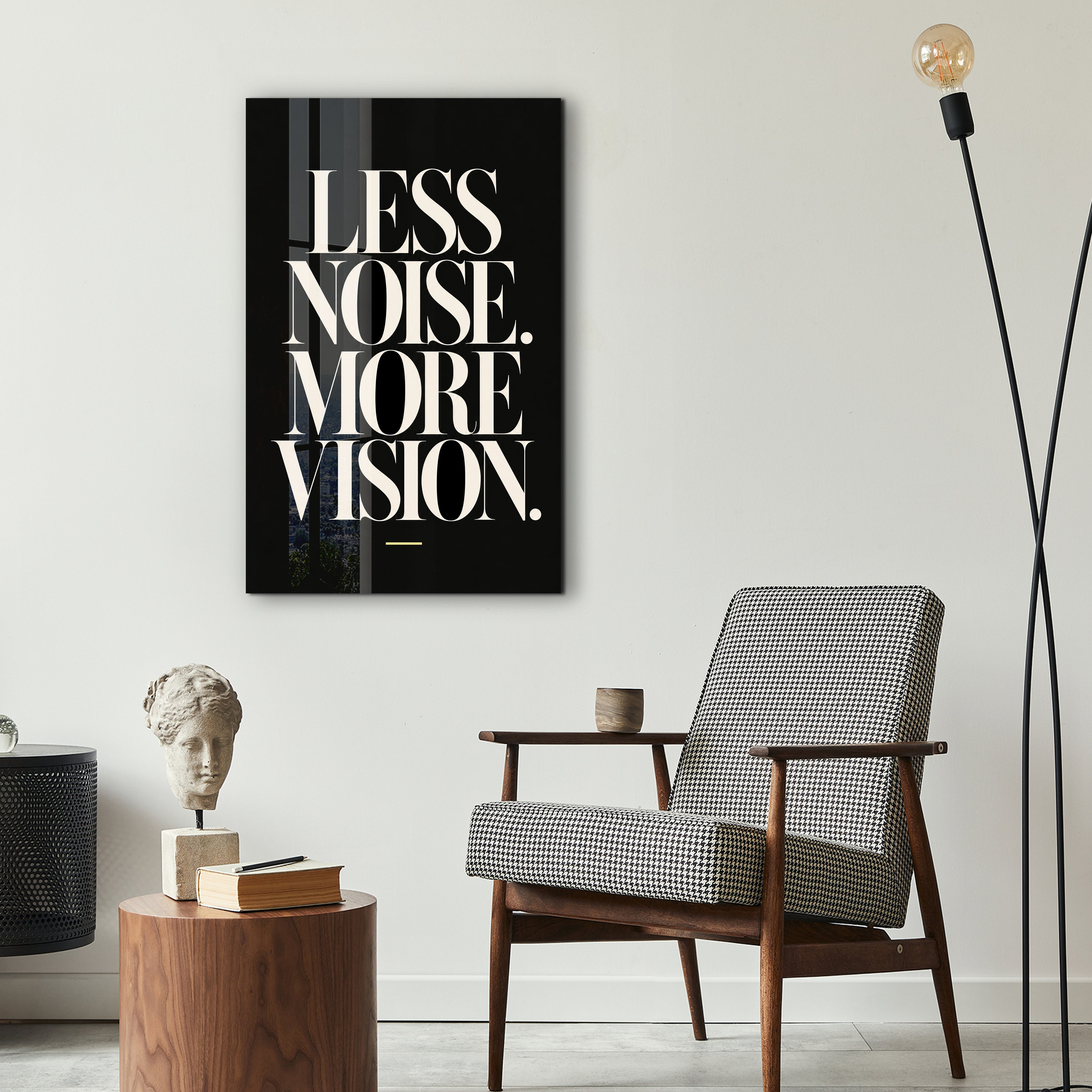 Artdesigna Less Noise More Vision glass wall art displayed in a modern interior