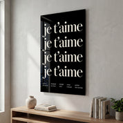 Je T'aime Artdesigna glass wall art with romantic typography design on a clear glass panel