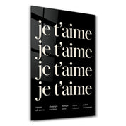 Je T'aime Artdesigna glass wall art with romantic typography design in a studio setting