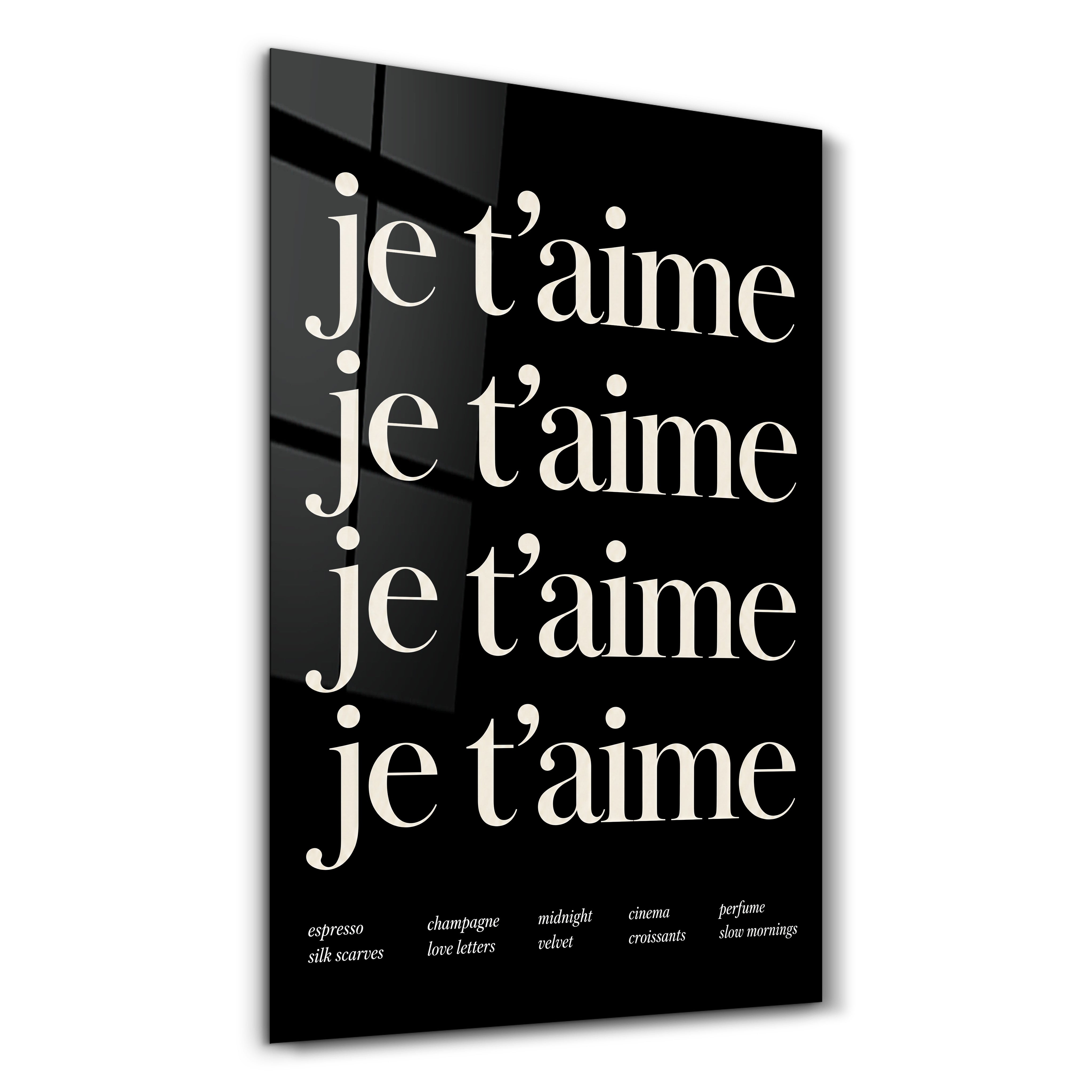 Je T'aime Artdesigna glass wall art with romantic typography design in a studio setting