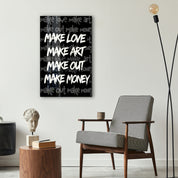 Make Love, Make Art glass wall art by Artdesigna displayed as colorful lifestyle decor
