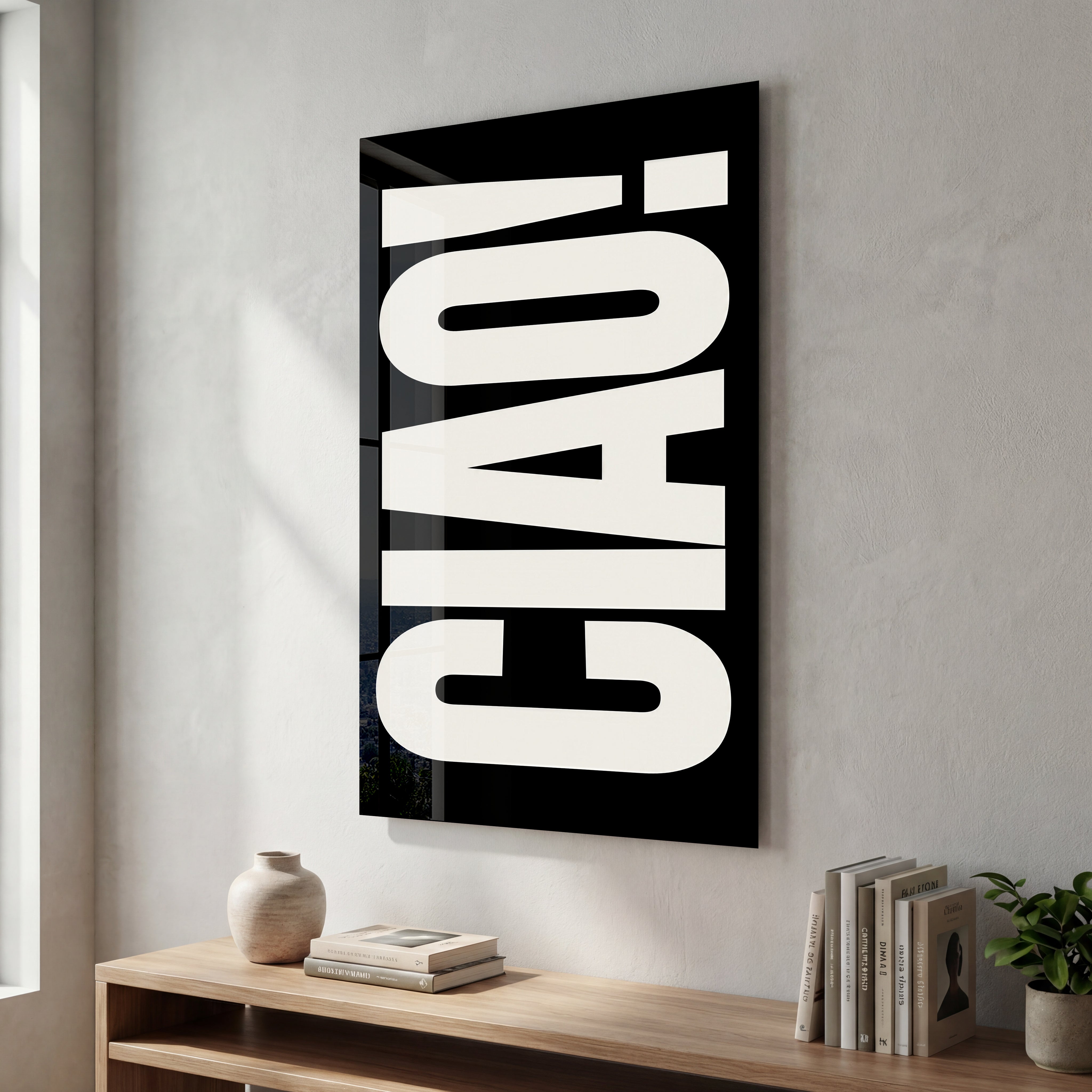 Artdesigna Ciao! Bold Type glass wall art with graphic typography design