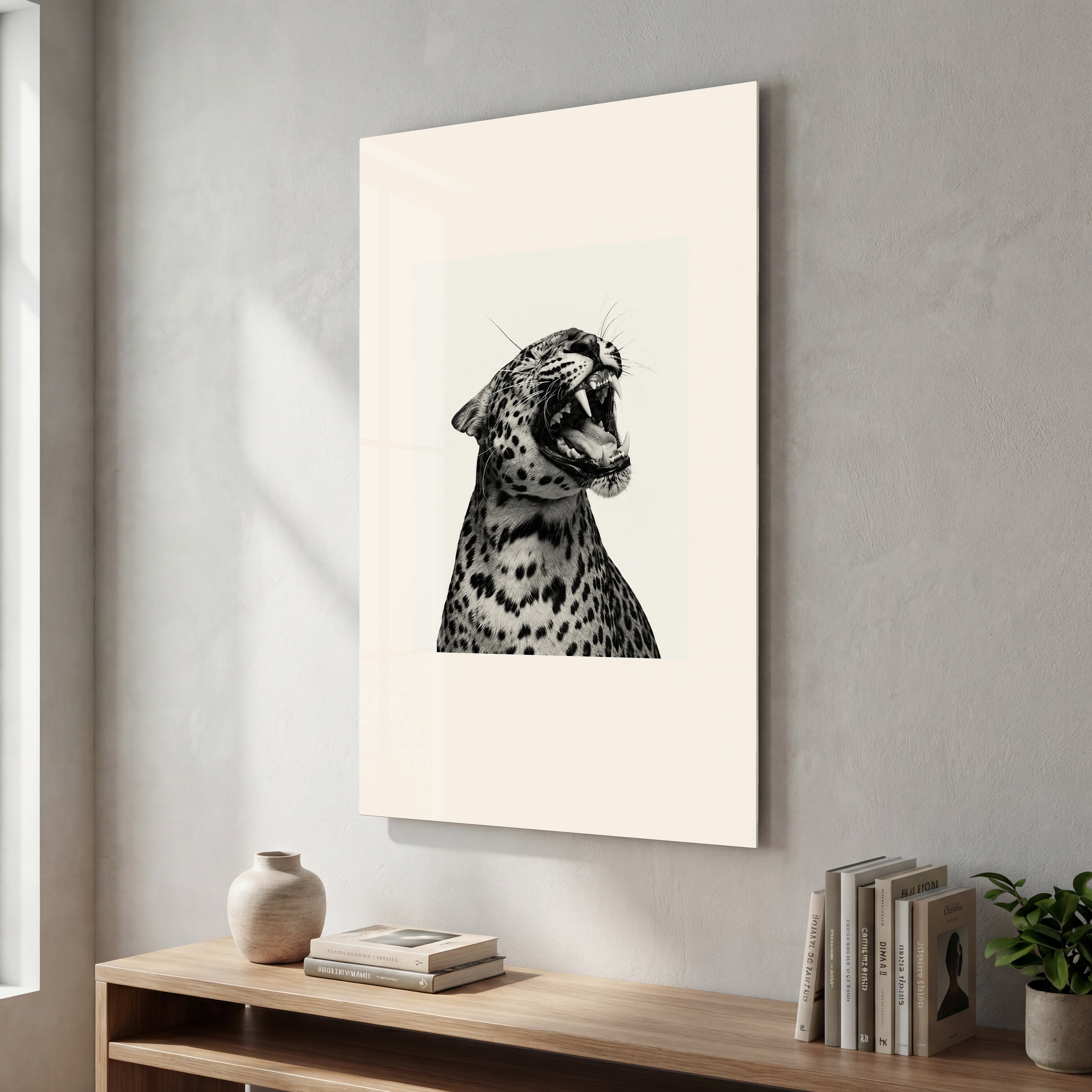 Artdesigna Leopard Roar glass wall art featuring a striking leopard portrait on a glass panel