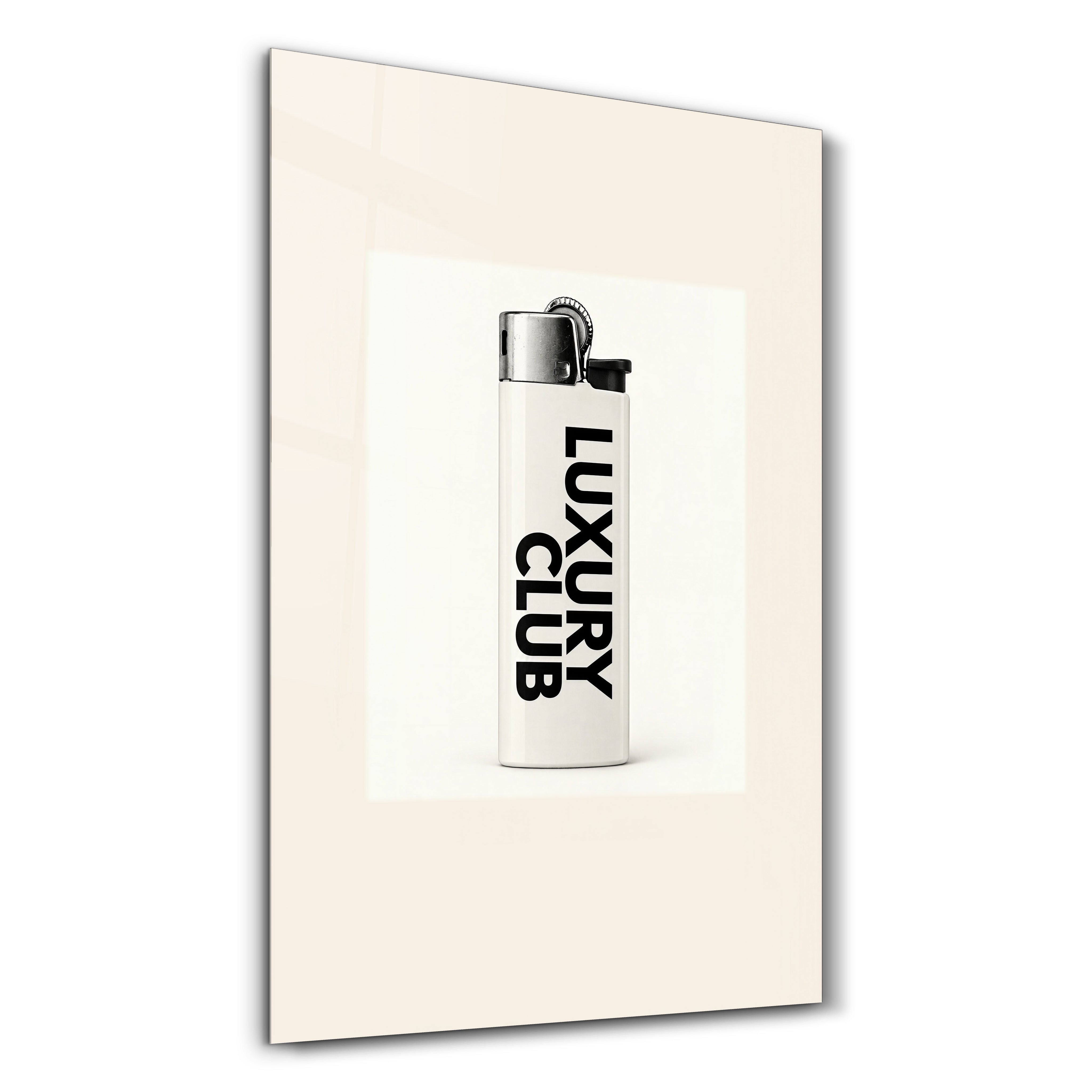 Artdesigna Luxury Club Lighter glass wall art featuring a vintage lighter design on a clear glass panel