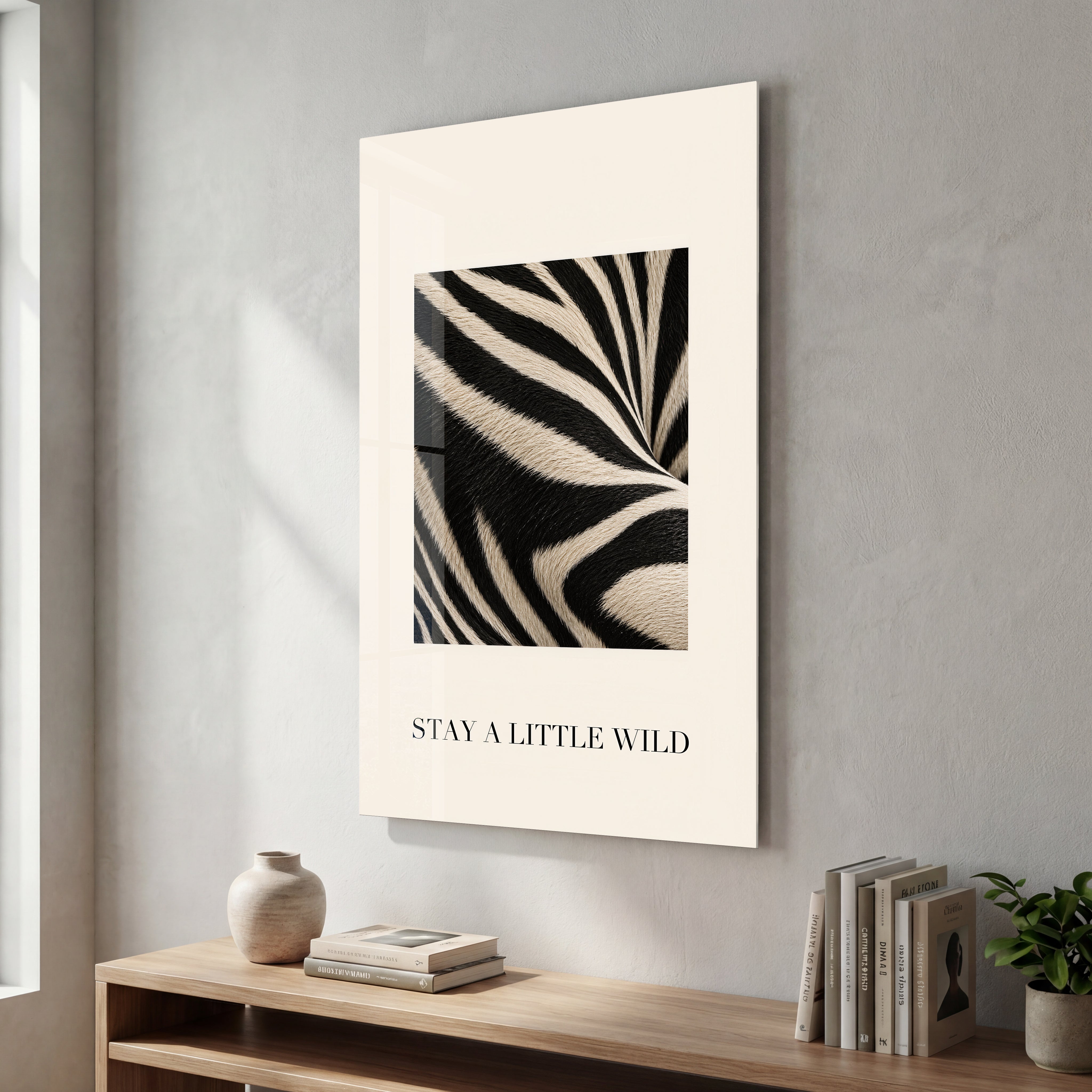 Artdesigna Stay a Little Wild glass wall art with wildlife-inspired design on a clear glass panel
