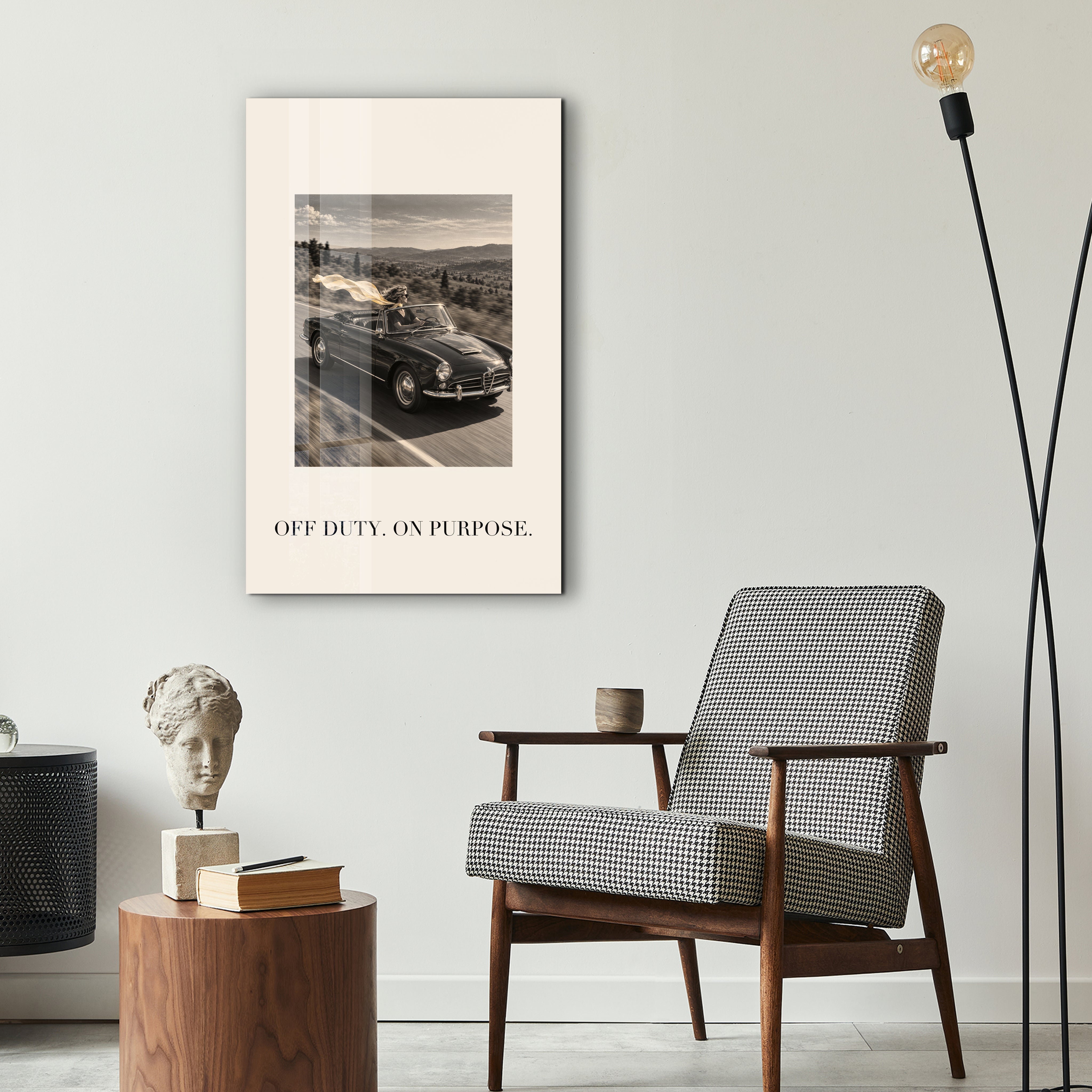 Off Duty, On Purpose glass wall art by Artdesigna displayed in a stylish interior.setting