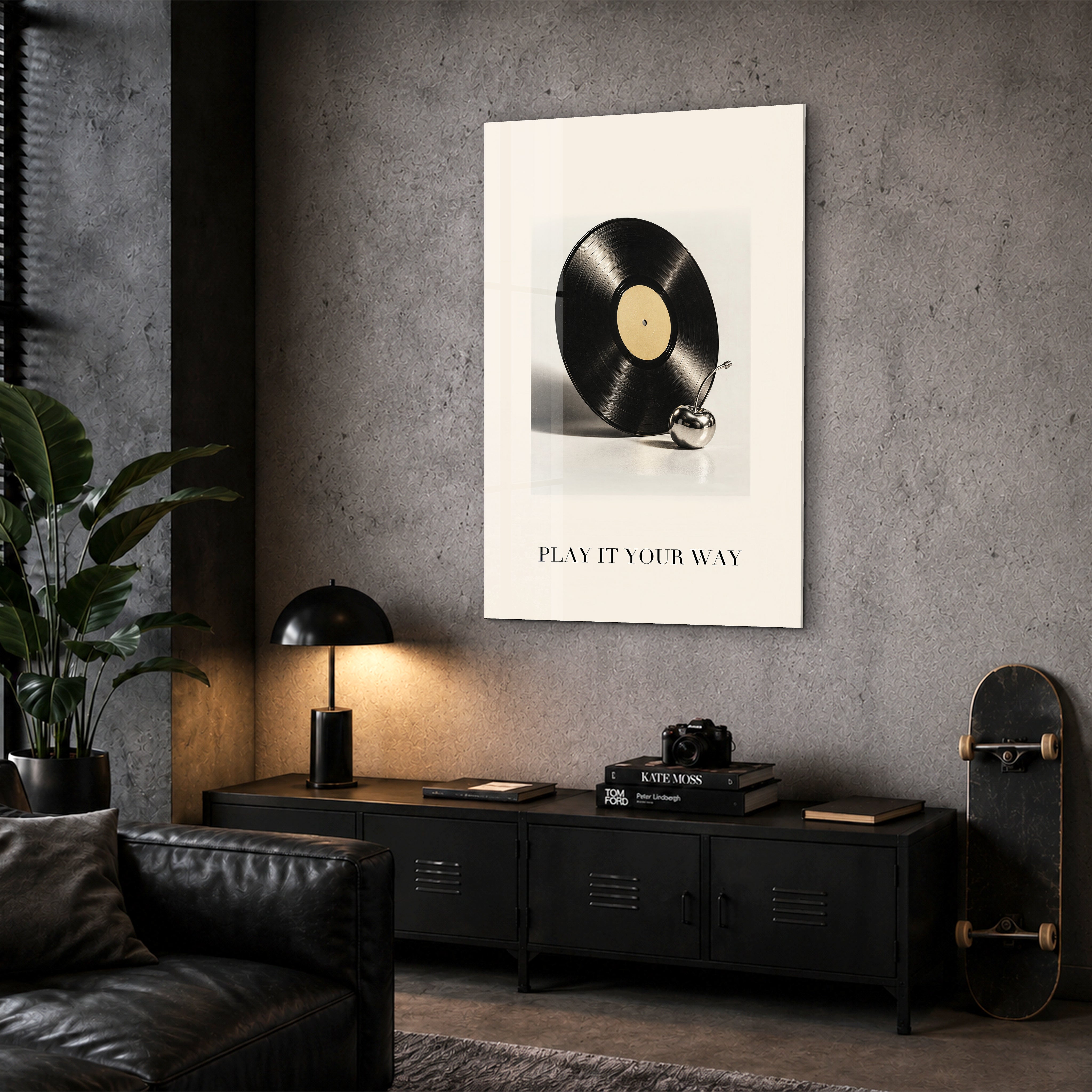 Artdesigna Play It Your Way vinyl and cherry glass wall art in a corner view