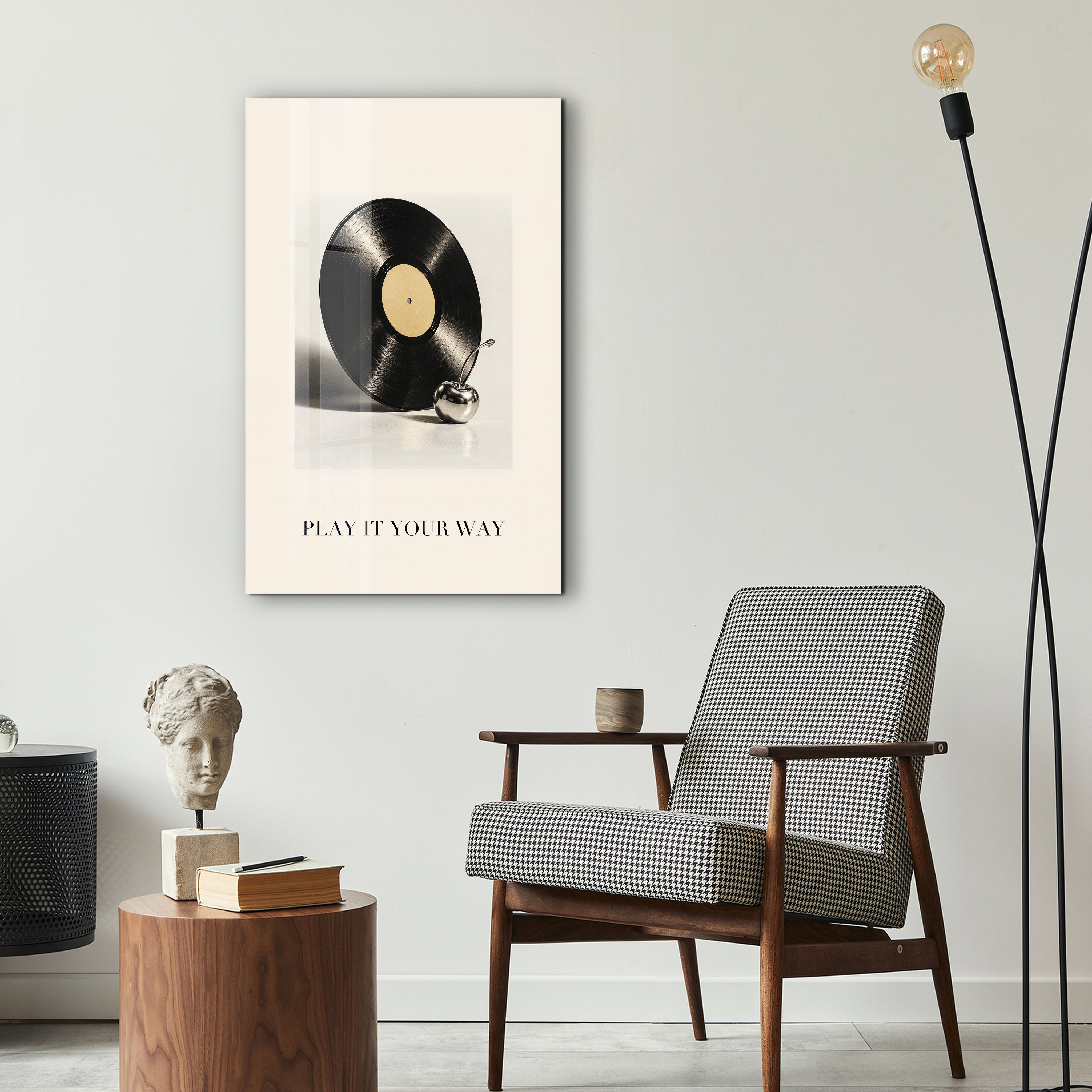 Artdesigna Play It Your Way vinyl and cherry glass wall art displayed in a stylish interior