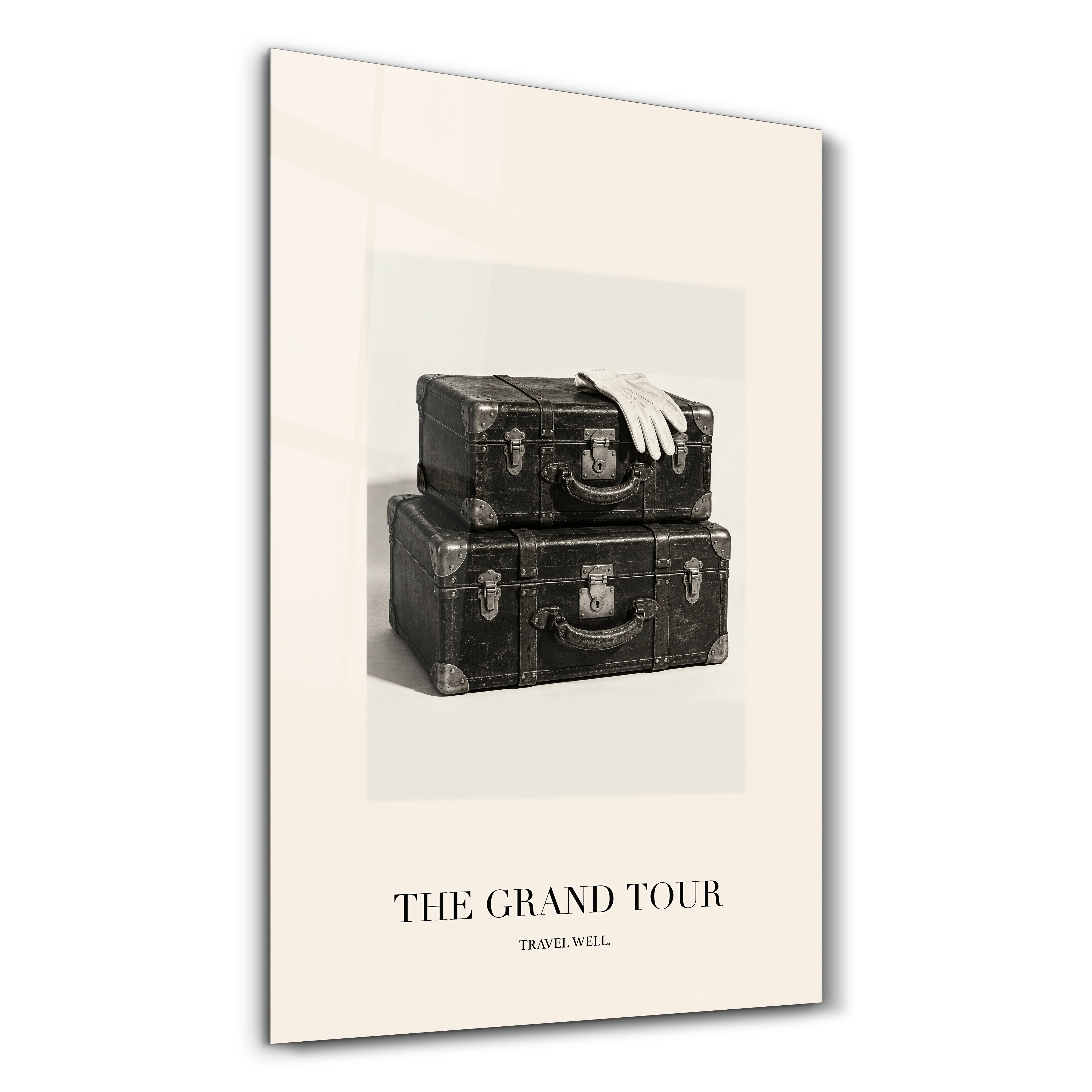 The Grand Tour glass wall art by Artdesigna, featuring a stylish studio design displayed on a wall