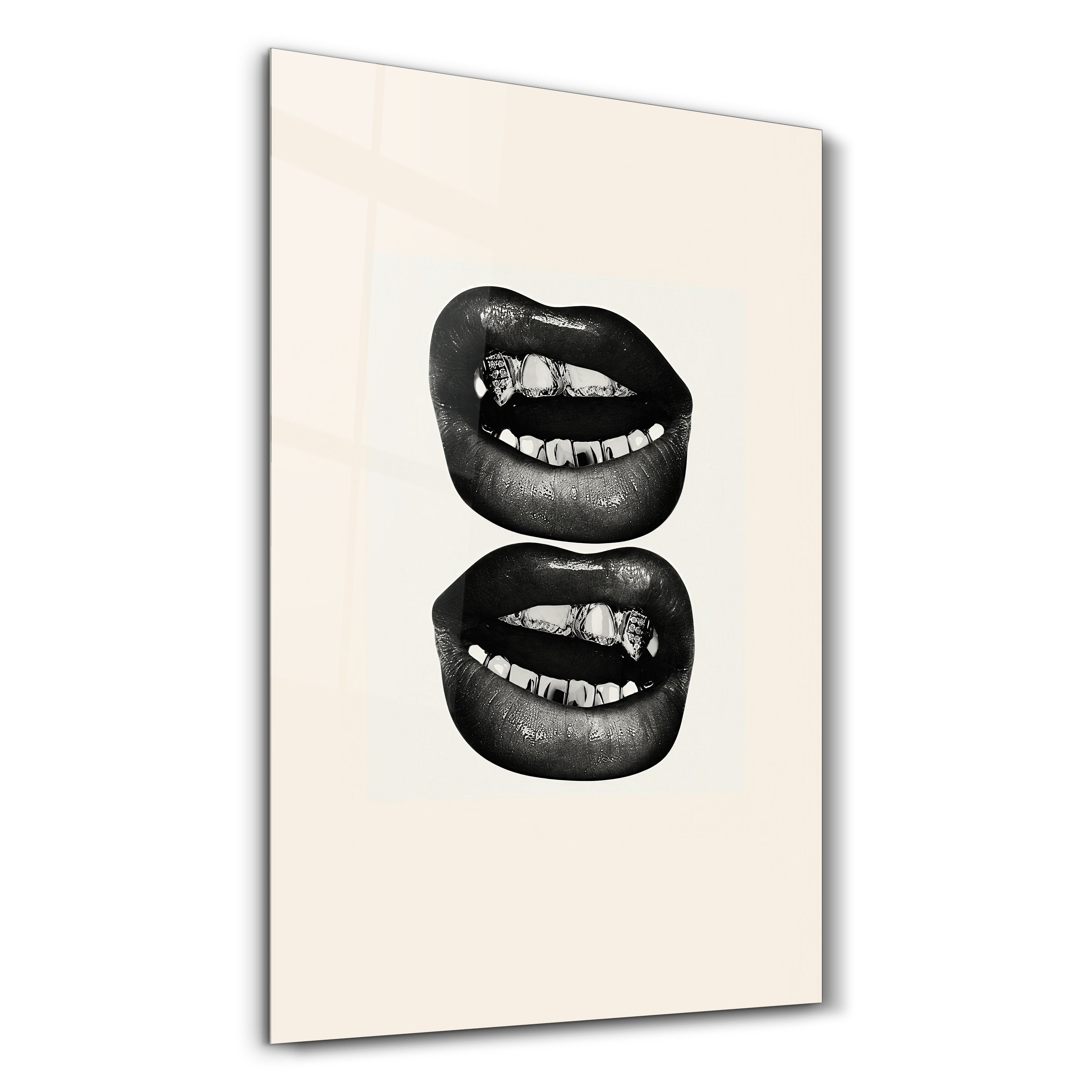 Golden Grin glass wall art by Artdesigna, featuring a stylized golden grin design on a clear glass panel