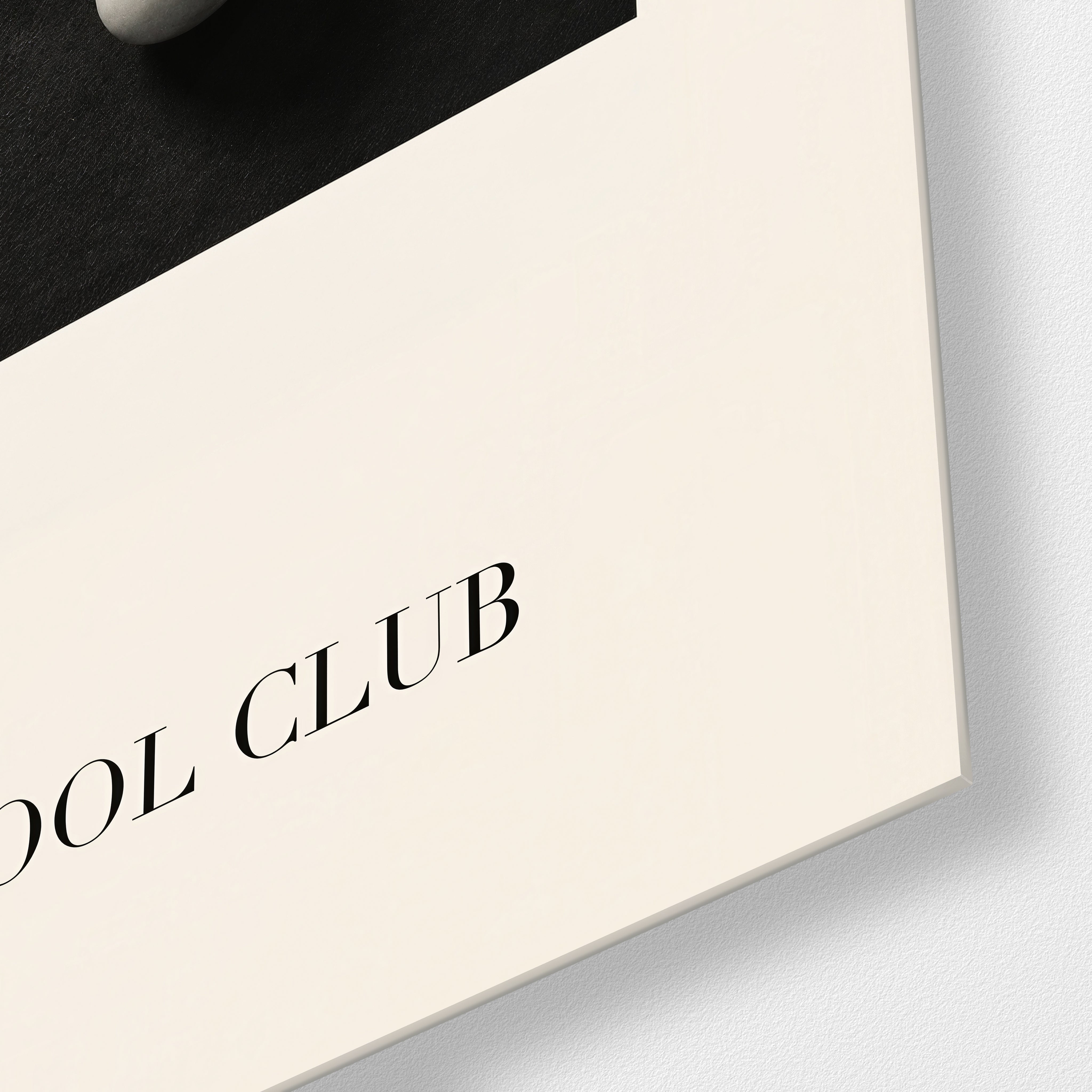 Artdesigna The Pool Club glass wall art close-up with blue poolside scene and modern details