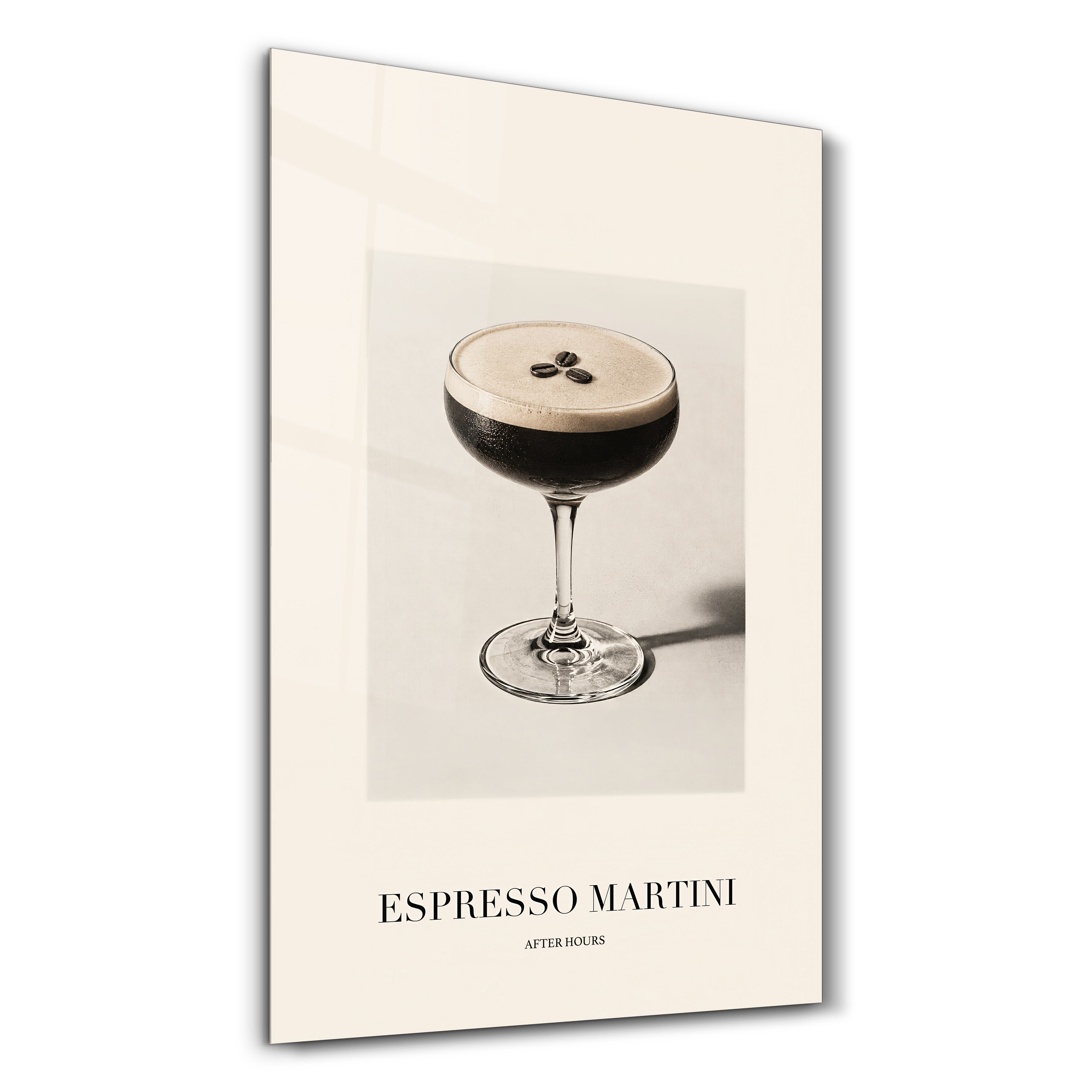 Artdesigna Espresso Martini glass wall art featuring a cocktail-themed design on transparent glass panel