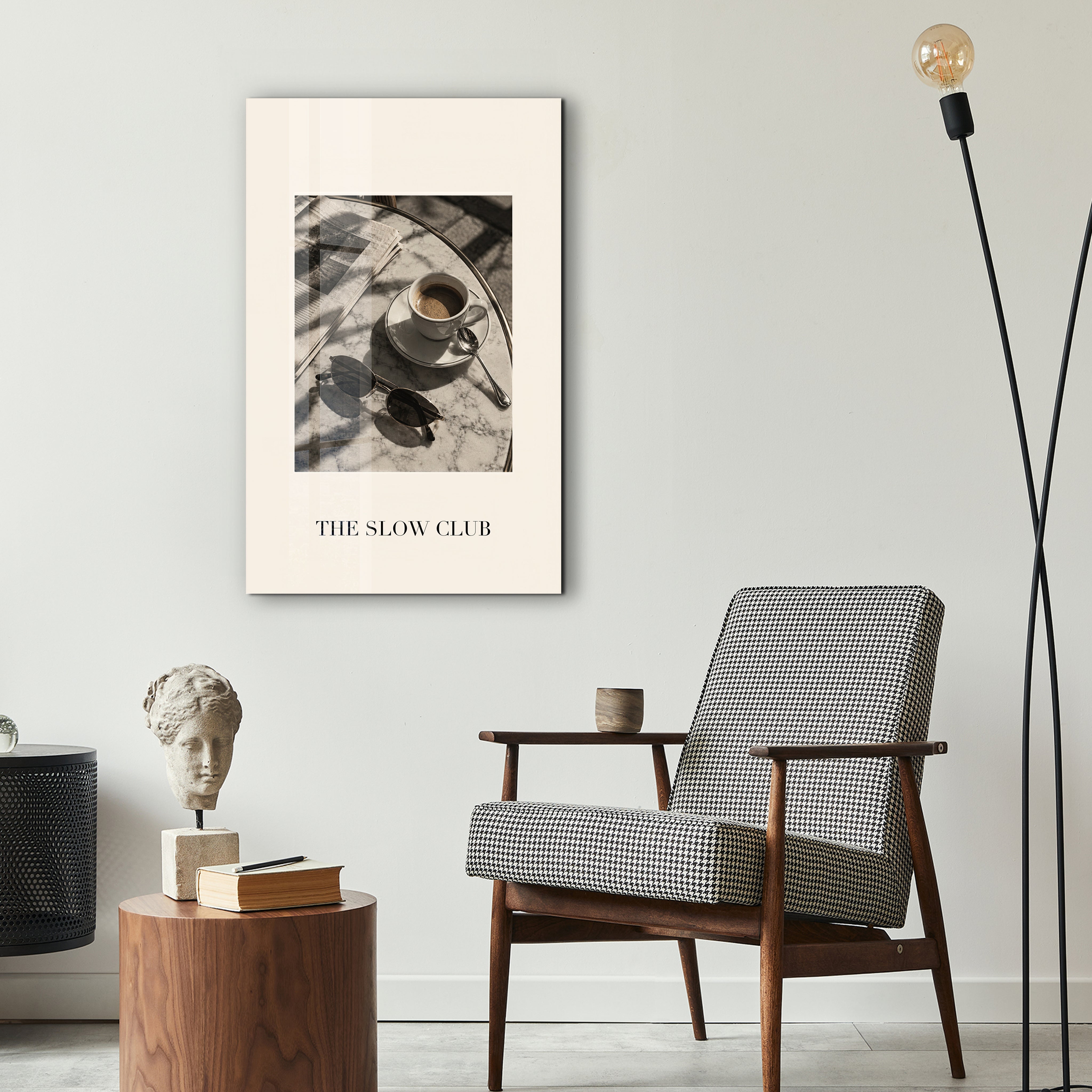 The Slow Club Artdesigna glass wall art displayed in a modern interior frame
