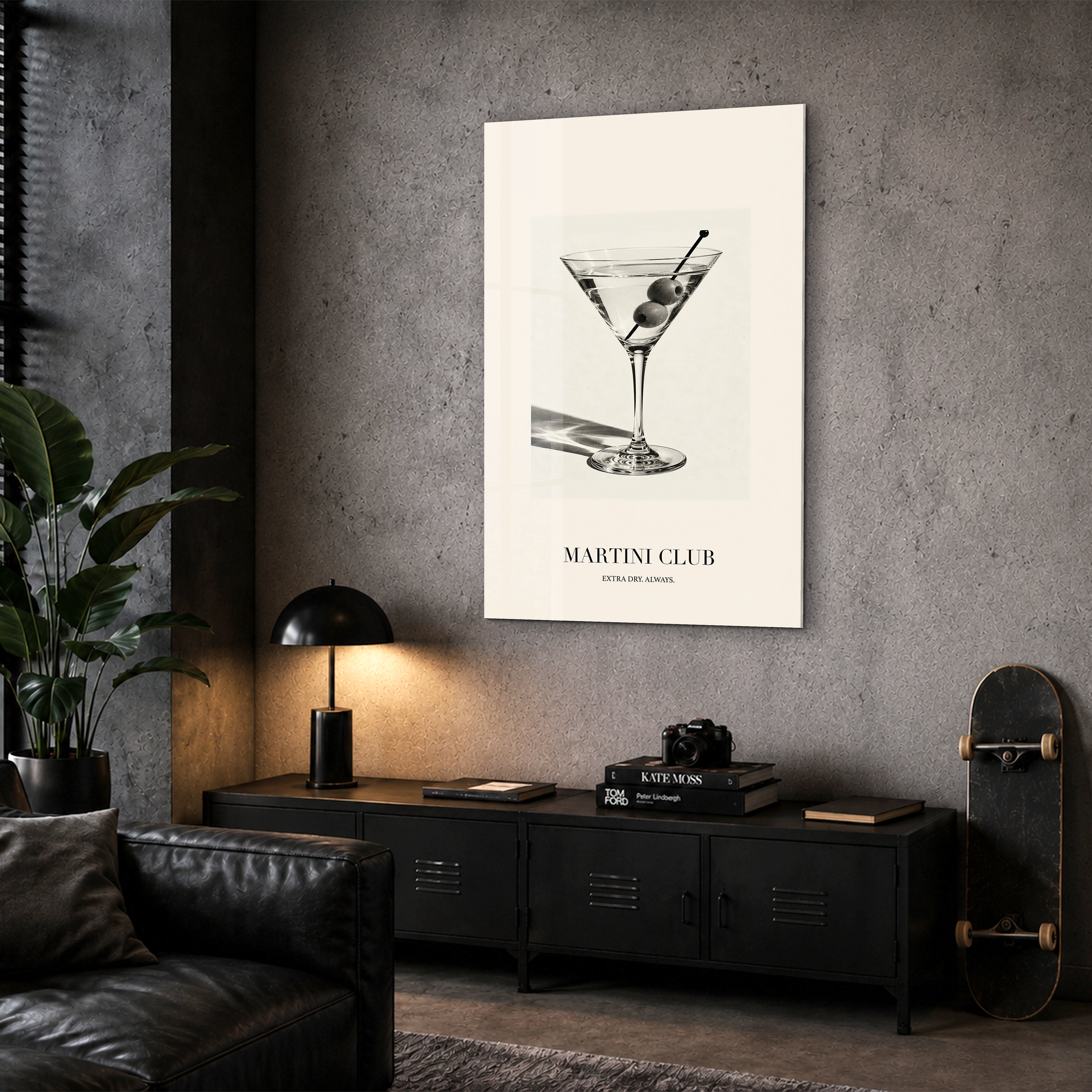 Martini Club glass wall art by Artdesigna displayed in a corner setting