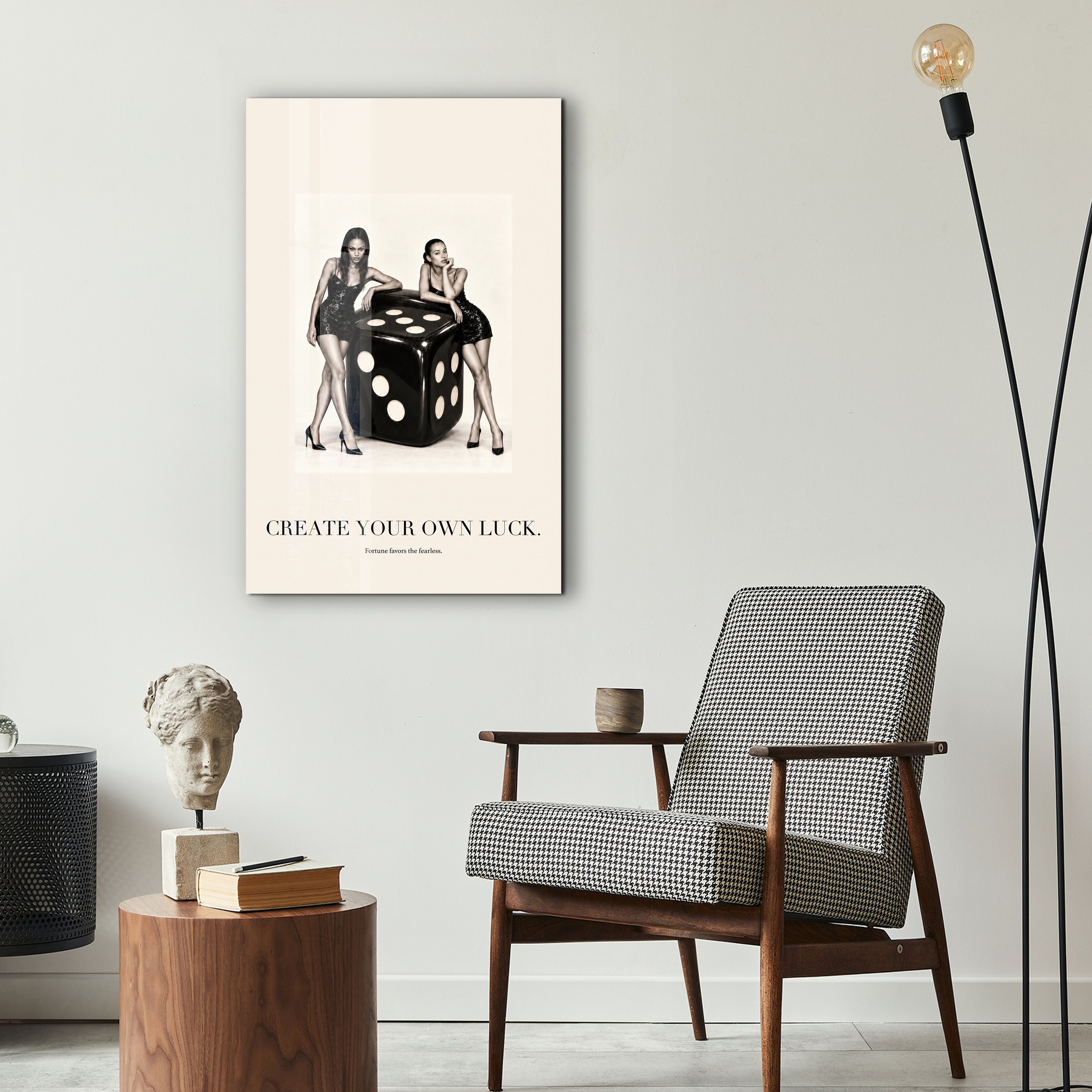 Create Your Own Luck Artdesigna glass wall art displayed as stylish motivational home decor