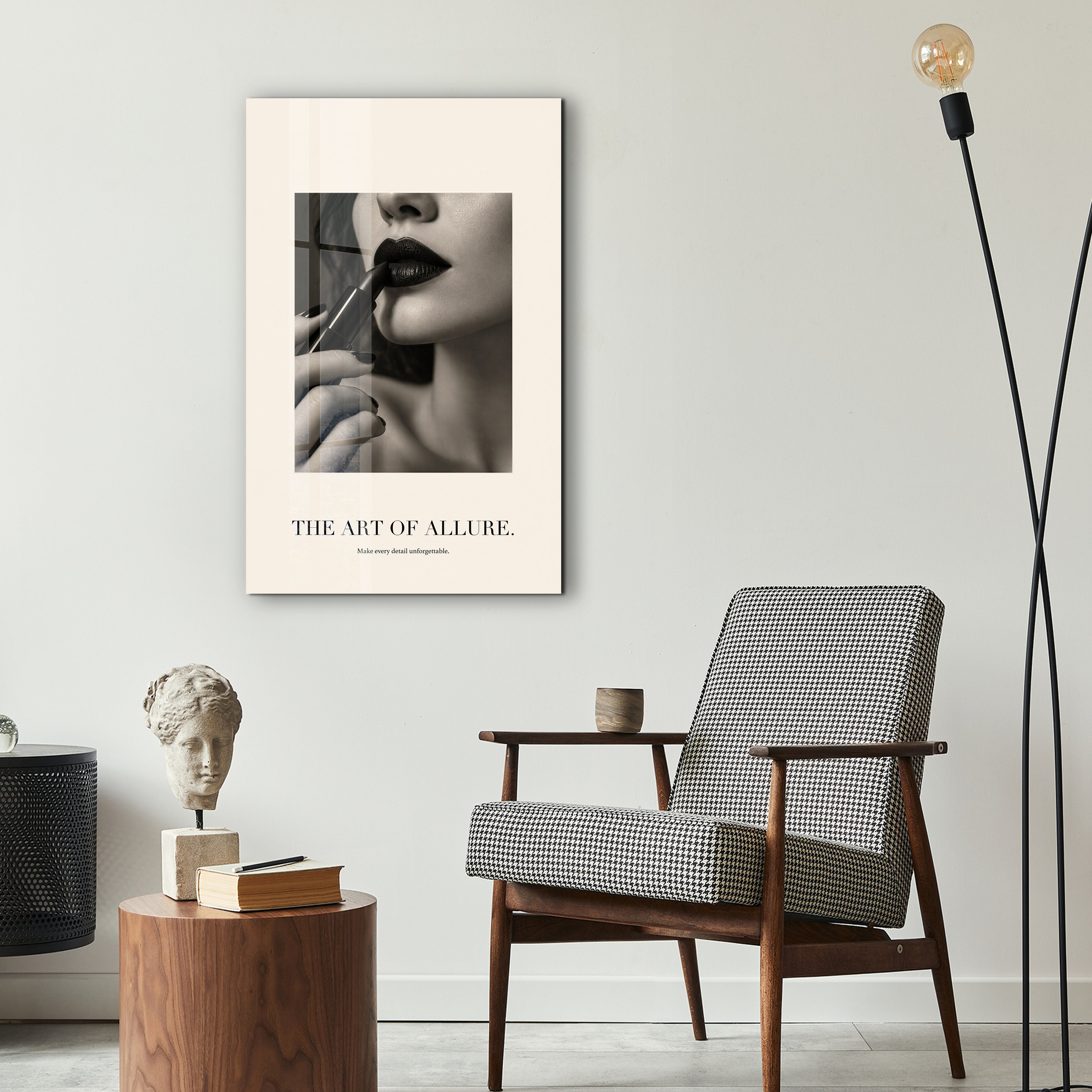 Artdesigna The Art of Allure glass wall art displayed in a stylish interior setting