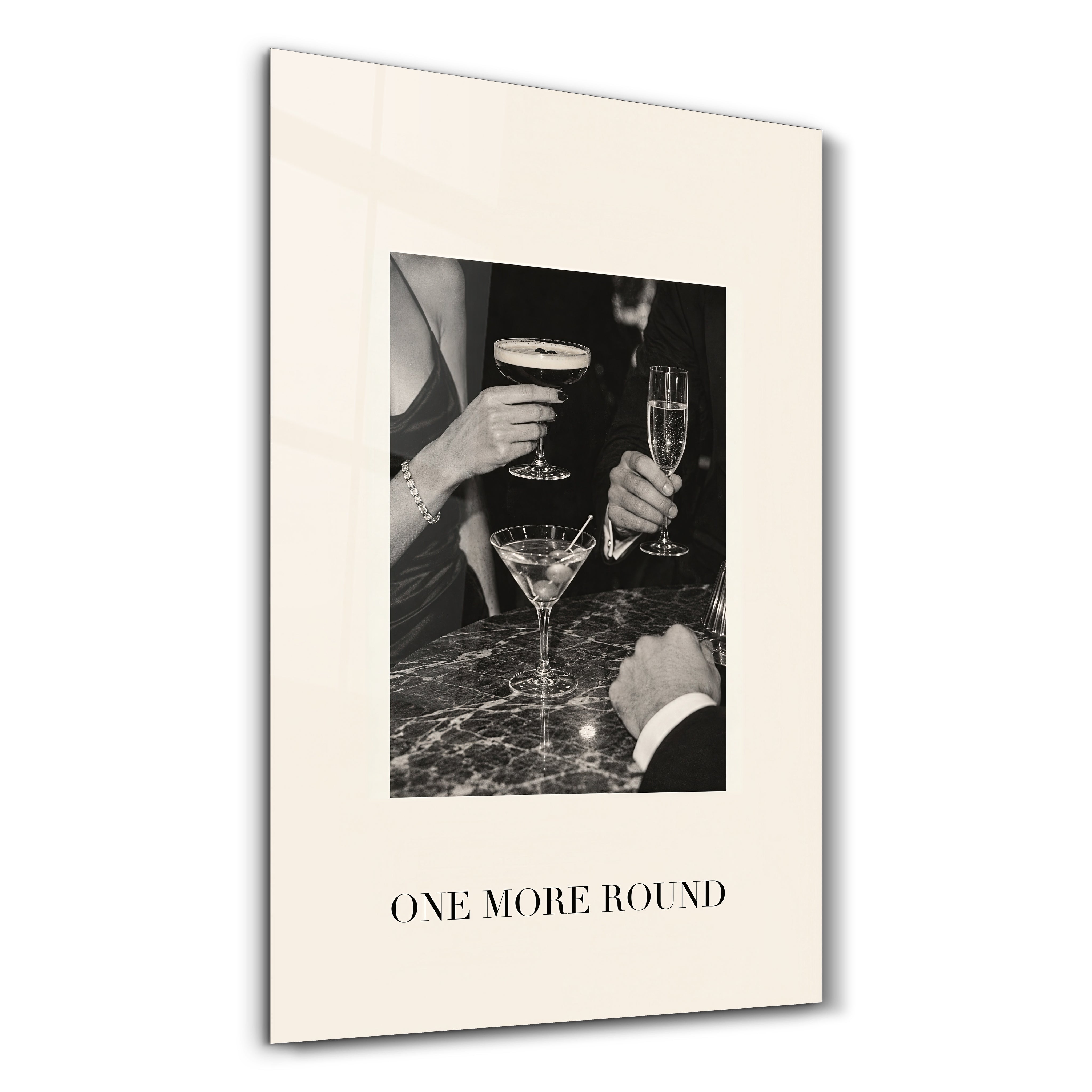 One More Round glass wall art by Artdesigna, featuring a studio photograph of a cocktail glass and bottle