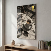 The Slow Club Café Table glass wall art by Artdesigna, featuring a vibrant café scene<|end|>