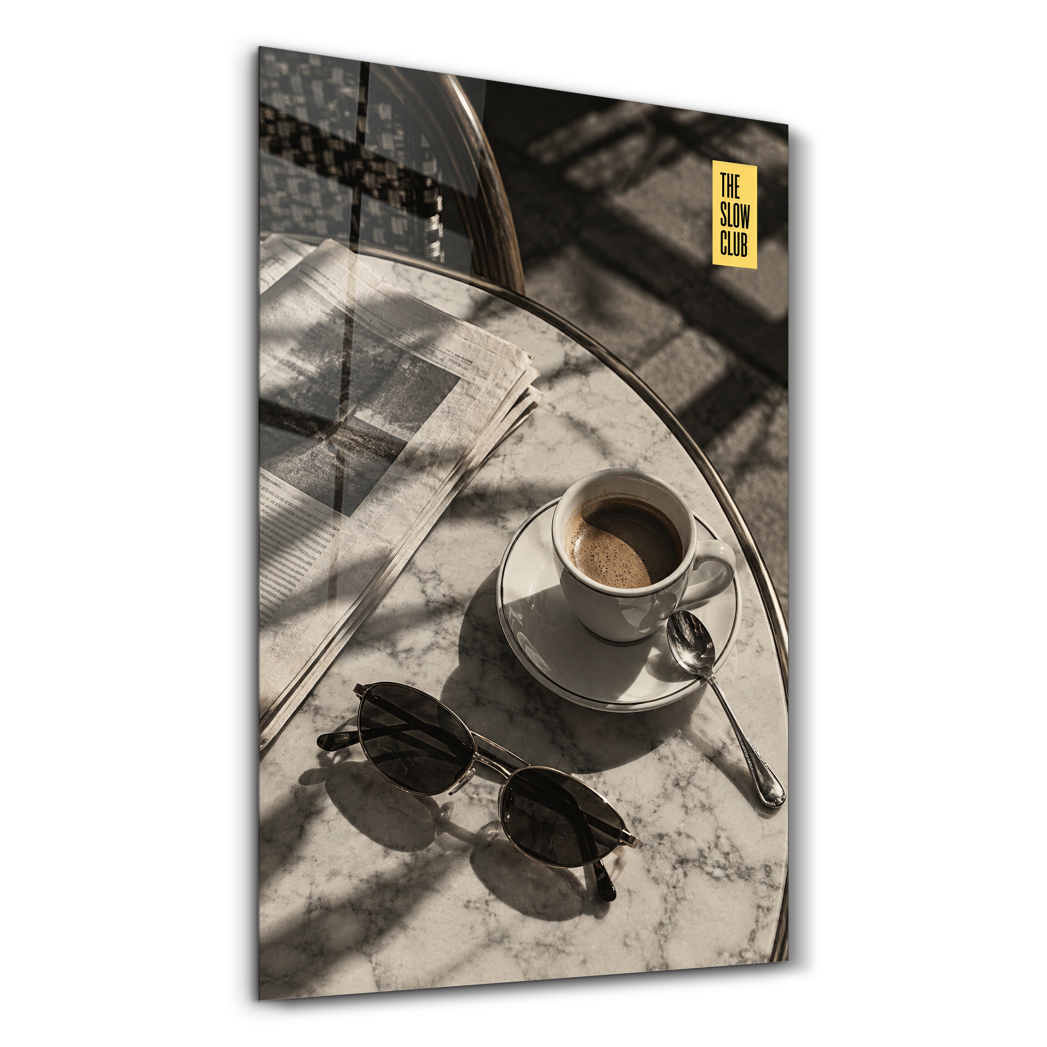 The Slow Club Café Table glass wall art by Artdesigna, featuring a stylish café scene with a glass finish