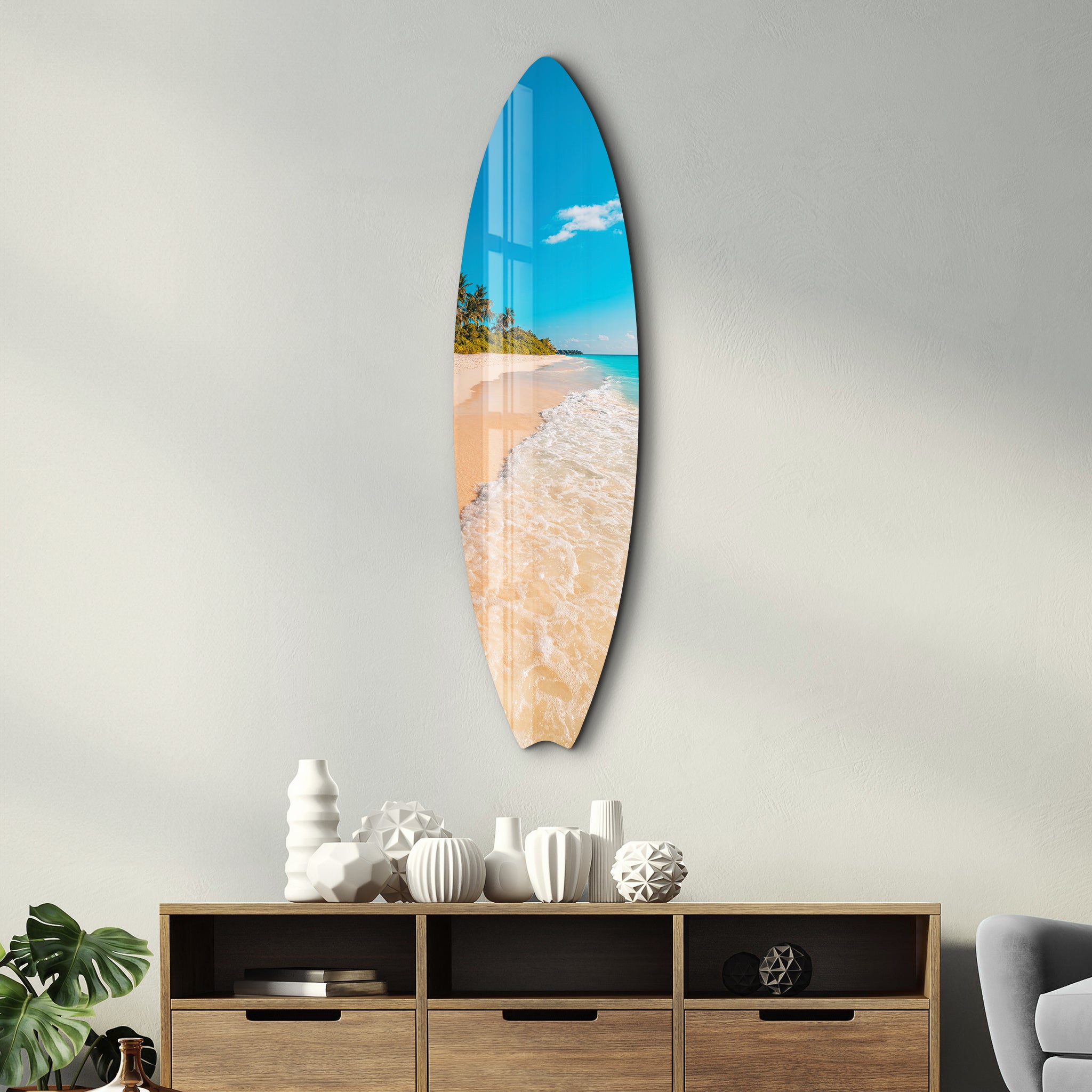 Sandy Shores | Surfboard Glass Wall Art