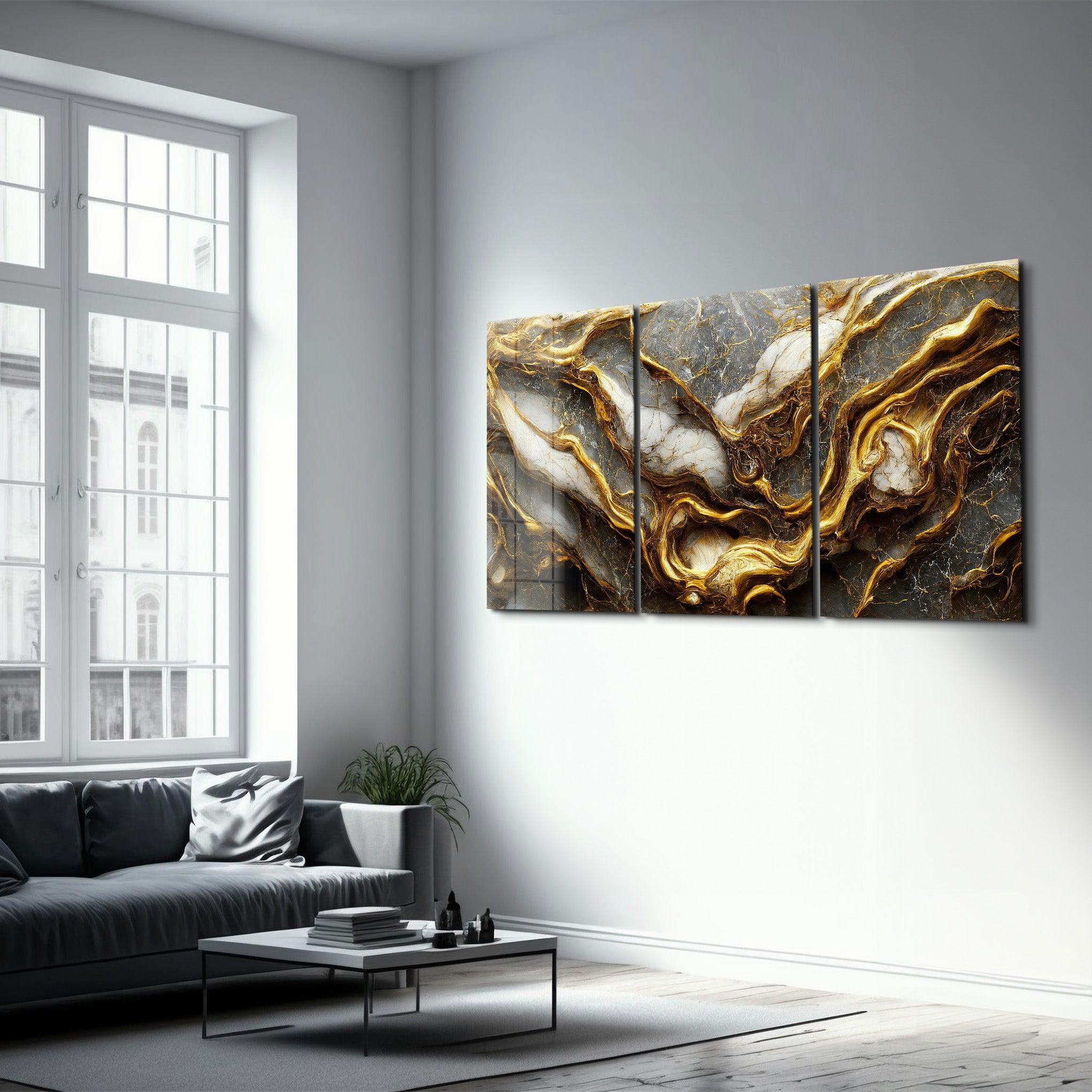 ・"Golden Roots in the Marble - Trio"・Glass Wall Art - ArtDesigna Glass Printing Wall Art