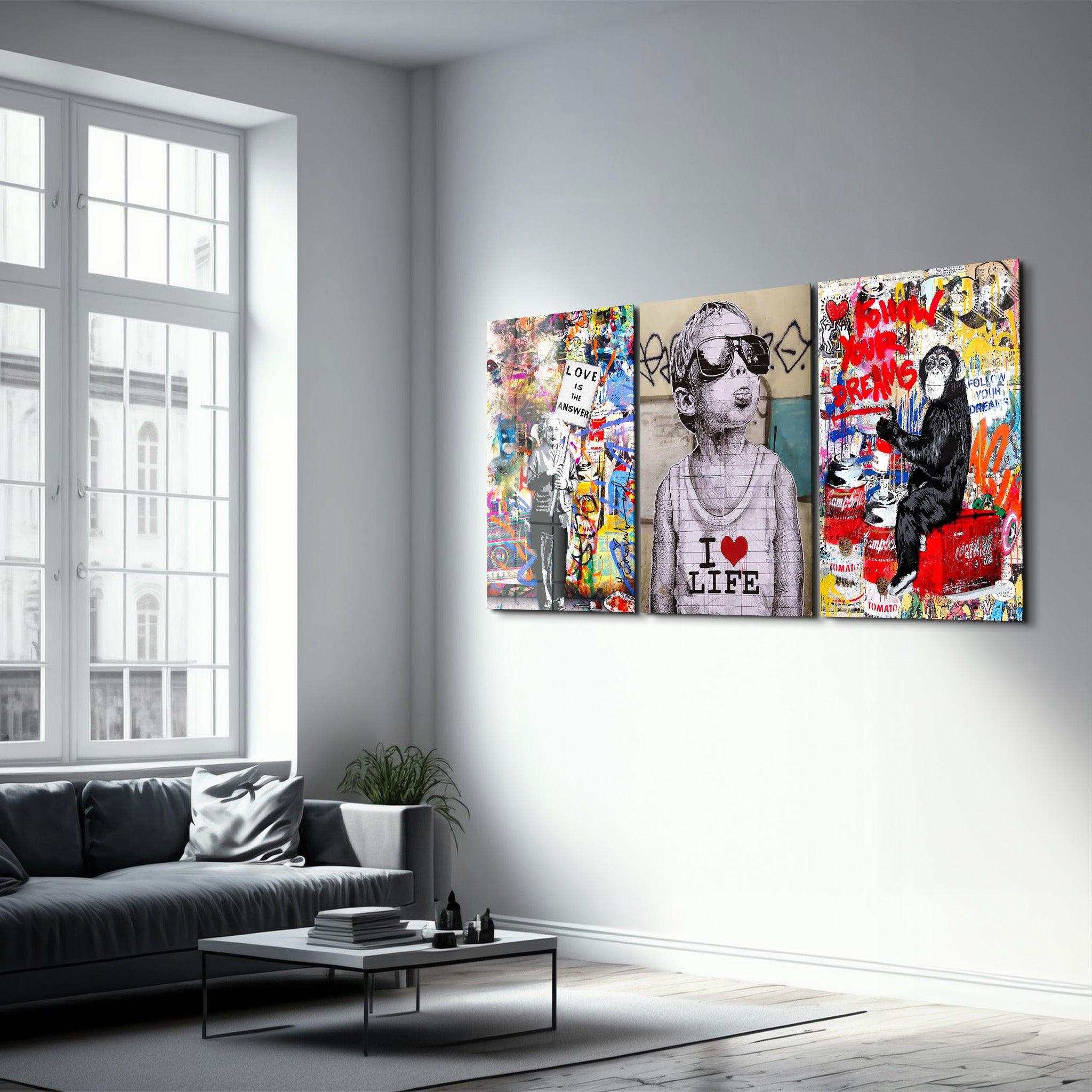 ・" BANKSY-Best Sellers - Trio"・Glass Wall Art - ArtDesigna Glass Printing Wall Art