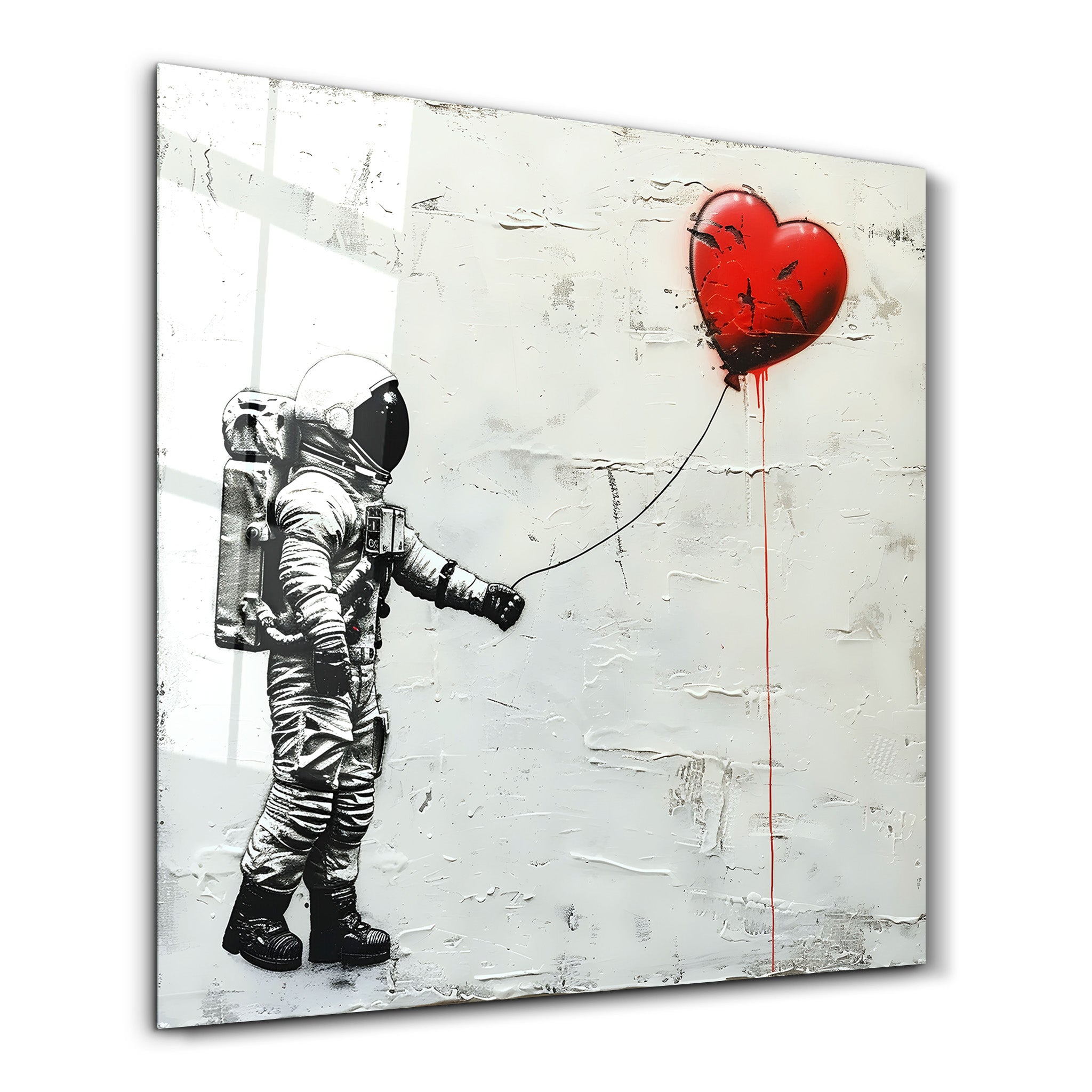 Heart Balloon in the Astronaut's Hand | Banksy Style Glass Wall Art - Artdesigna