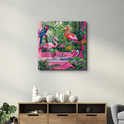 Tropical Bathroom and Flamingos | Glass Wall Art - Artdesigna