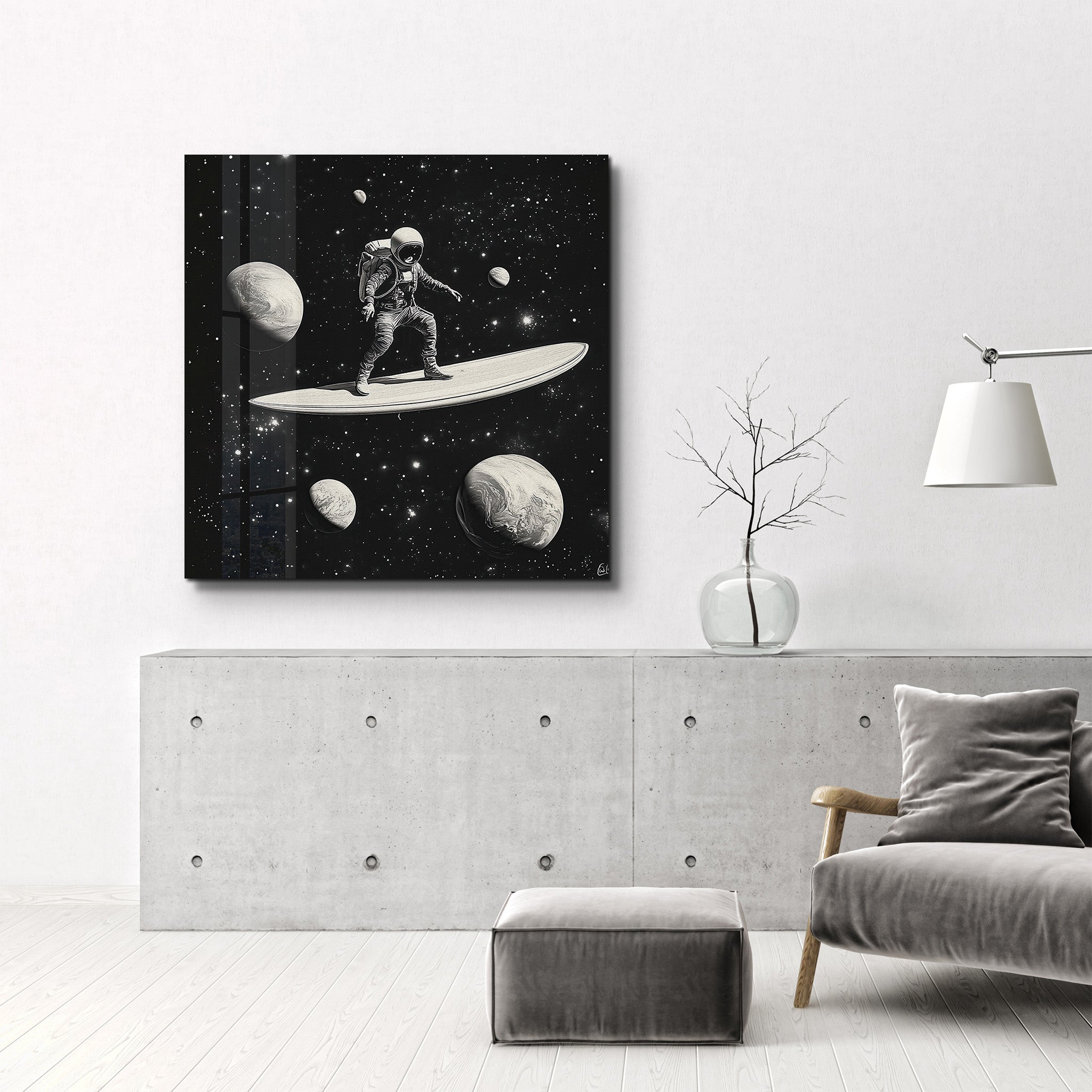 Surfing in the Space B&W | Glass Wall Art