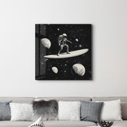 Surfing in the Space B&W | Glass Wall Art