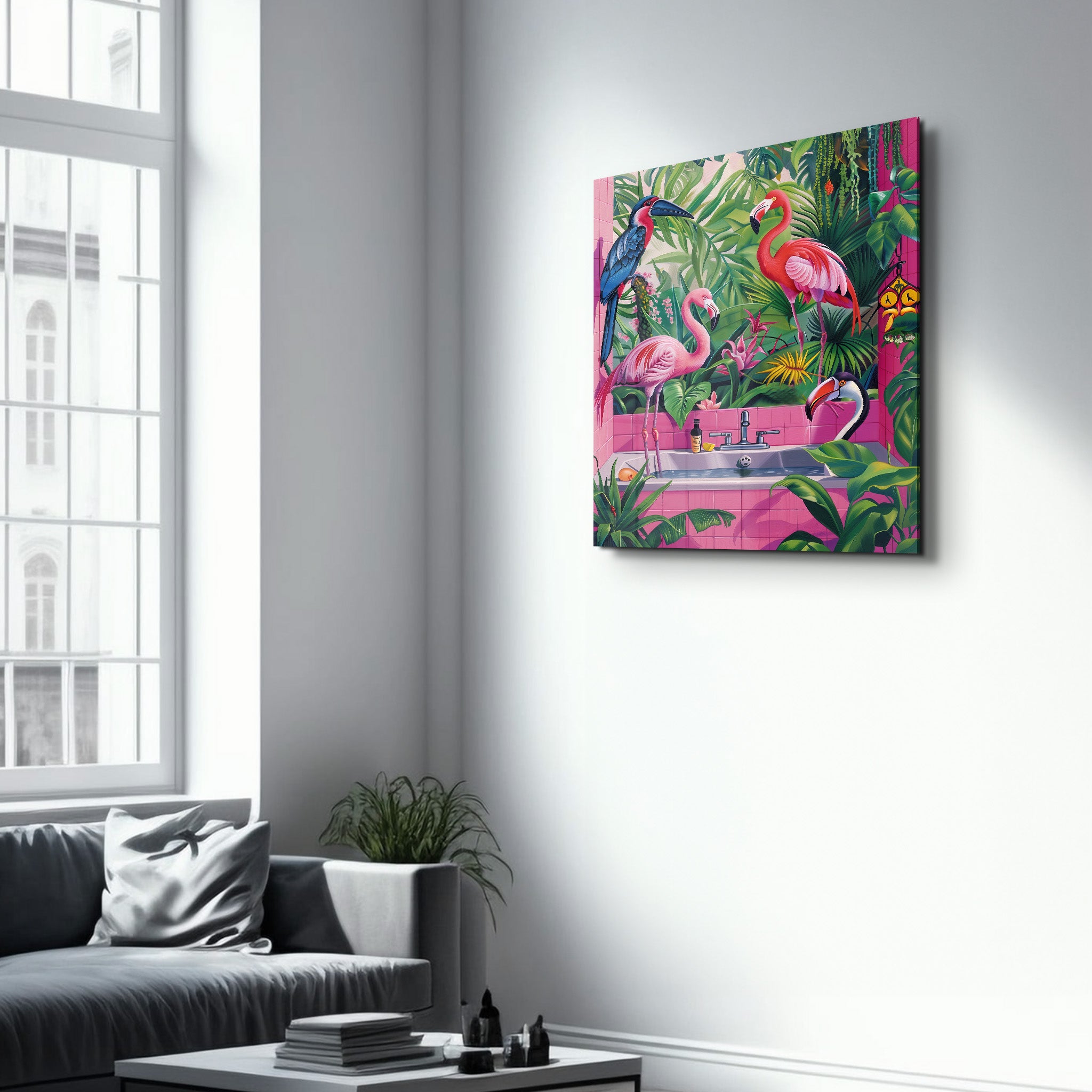 Tropical Bathroom and Flamingos | Glass Wall Art - Artdesigna