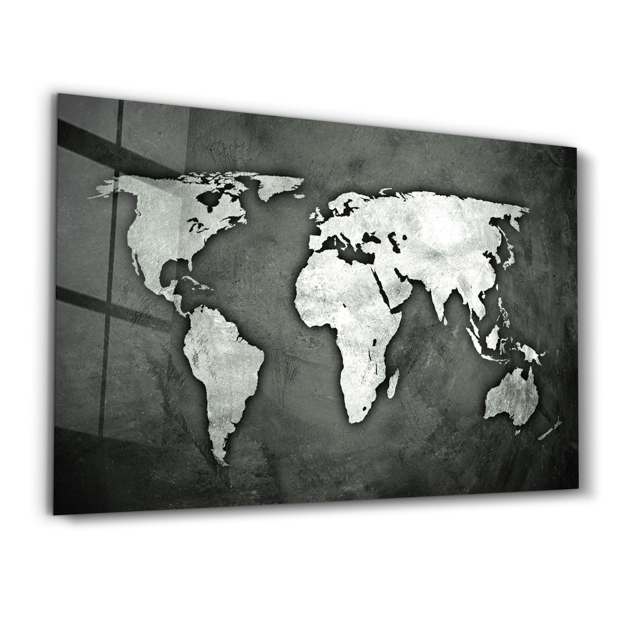 Silver Gray World Map | Glass Wall Art - Artdesigna