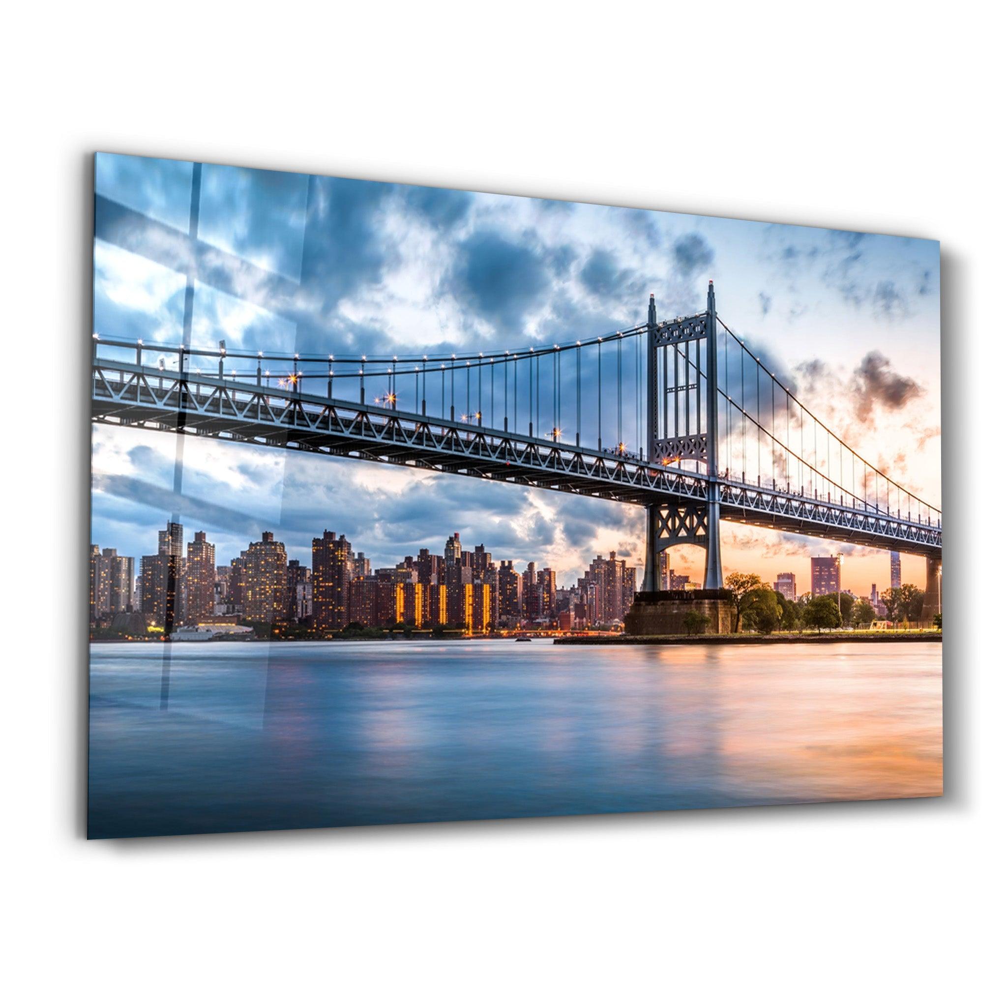 Sunset With Brooklyn Bridge | Glass Wall Art - Artdesigna