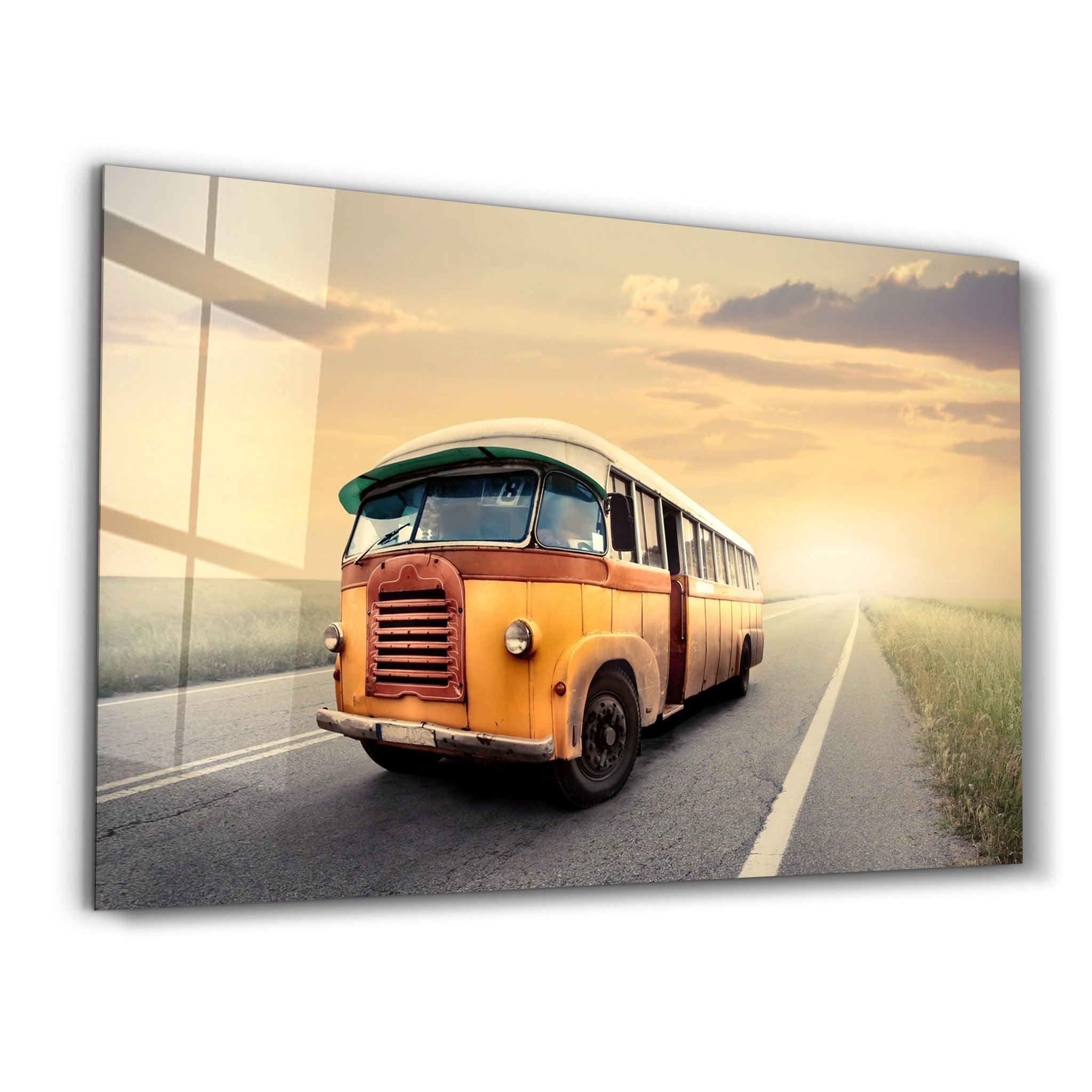 The Vintage Bus With Sunset | Glass Wall Art - Artdesigna