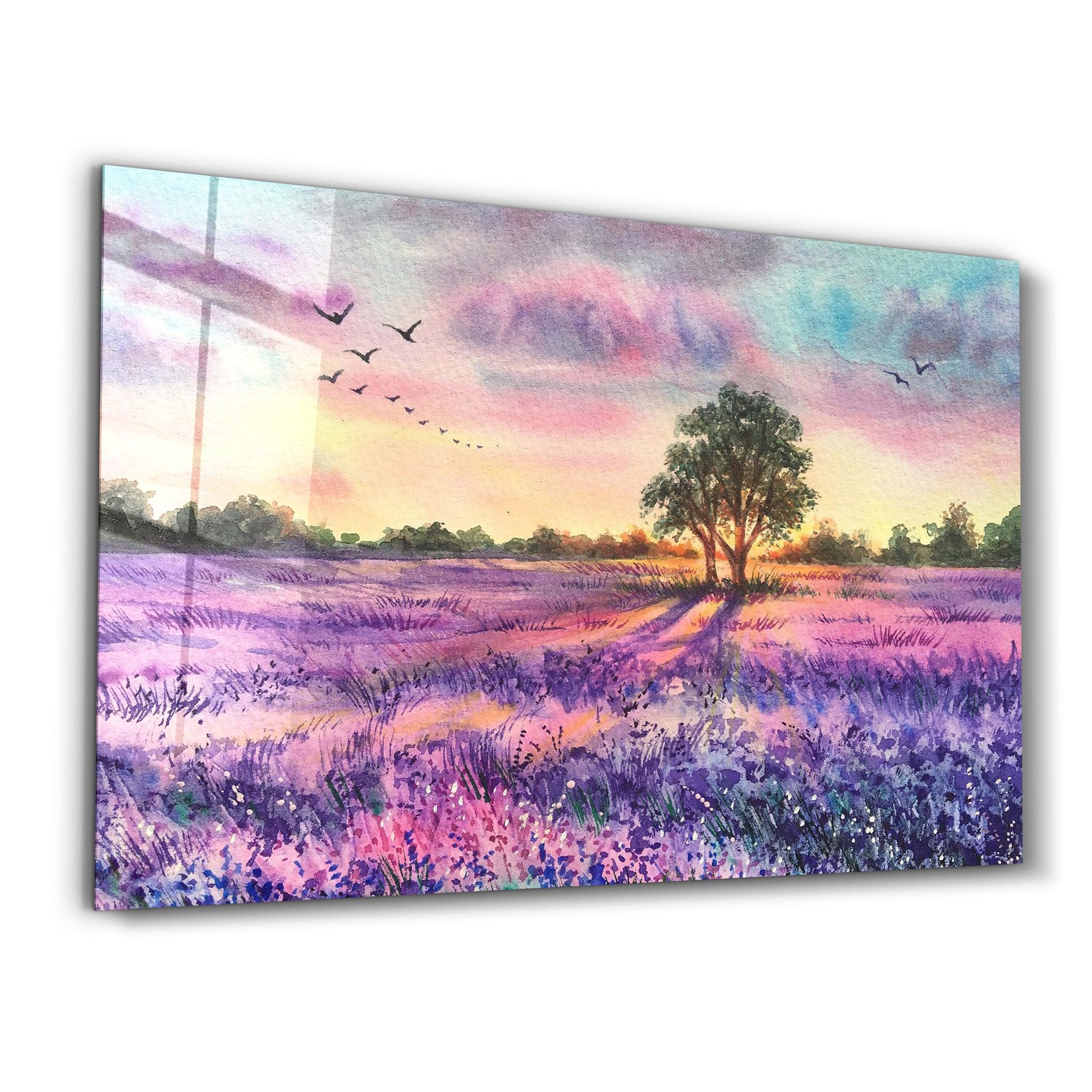 Sunset Meadow Painting | Glass Wall Art - Artdesigna