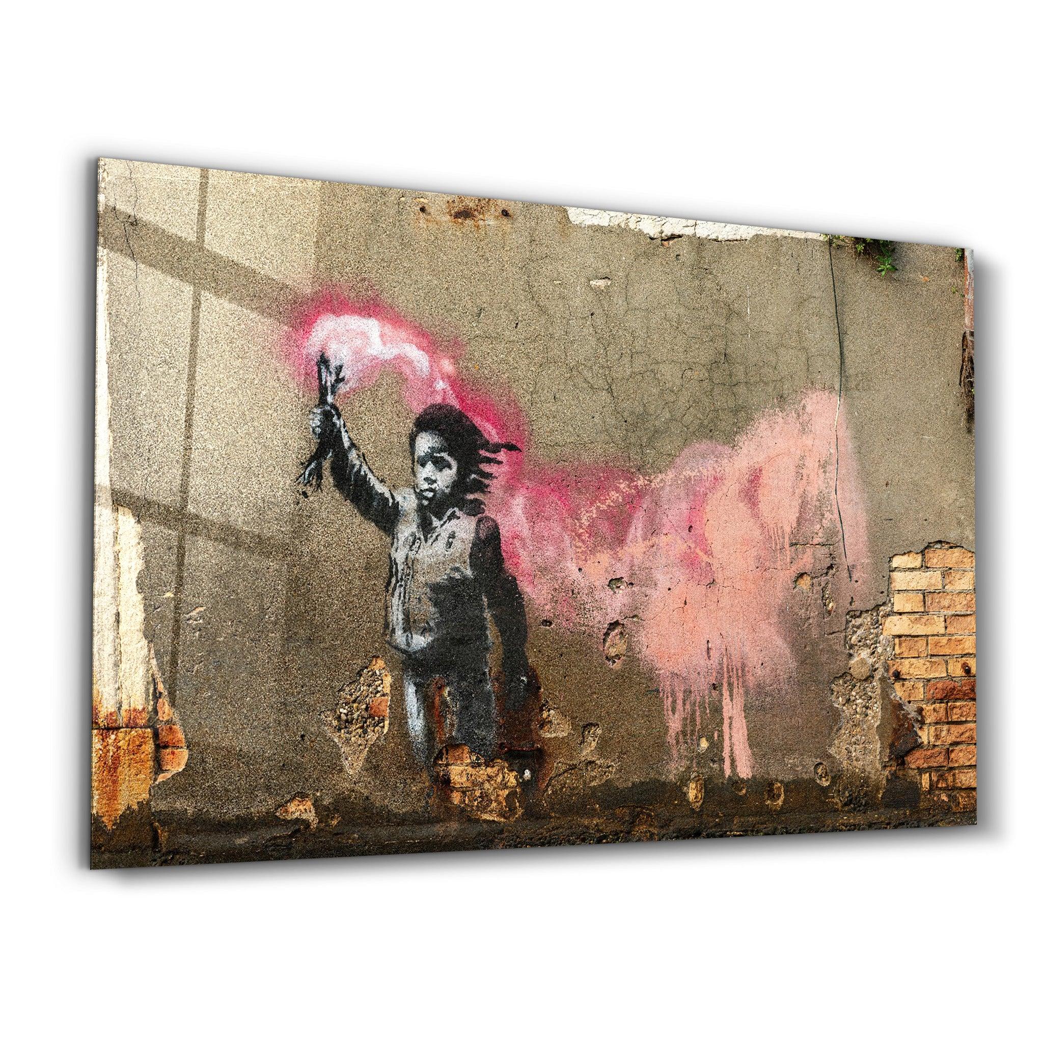 Banksy - A child with a life jacket | Glass Wall Art - Artdesigna