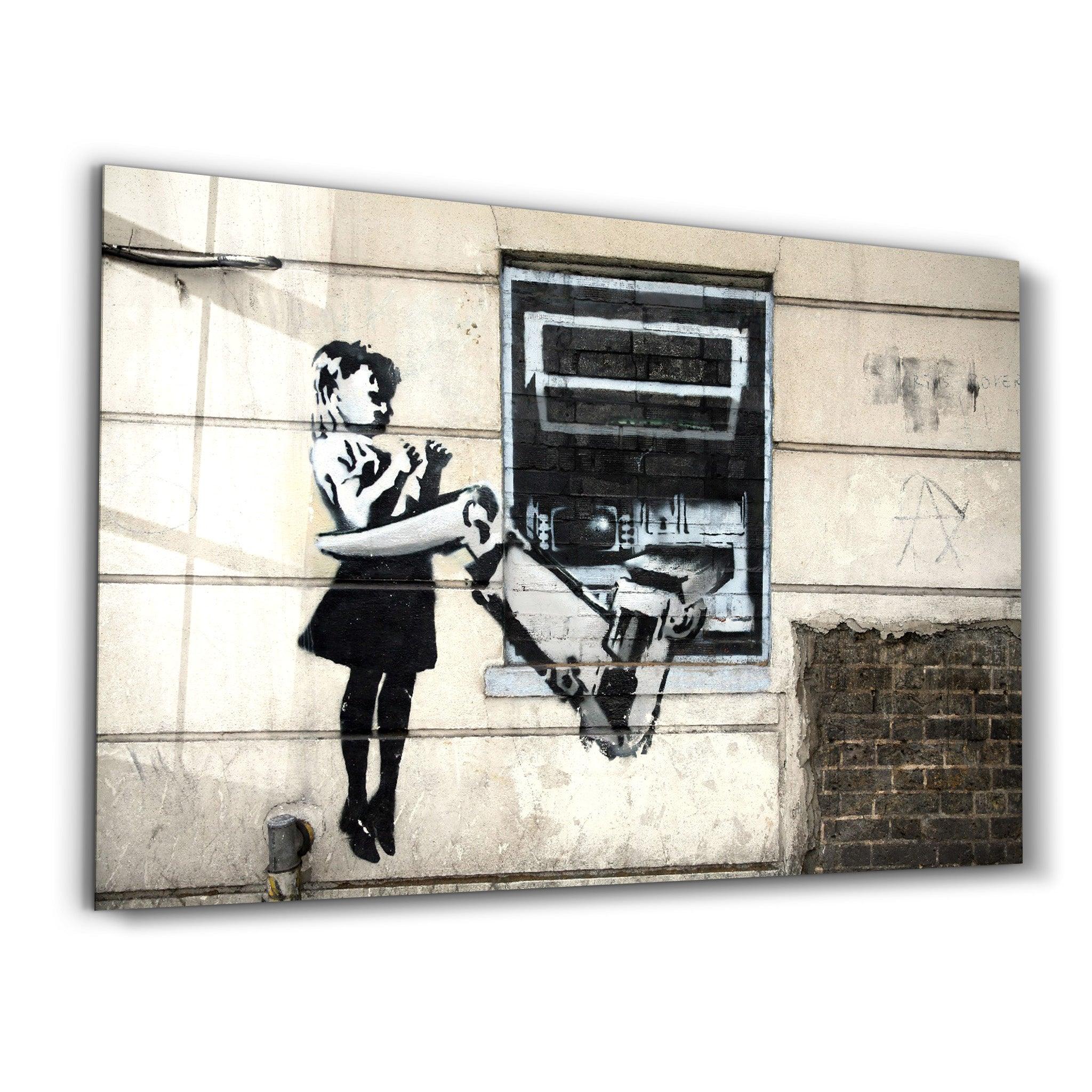 Banksy - Cash Machine Girl Graffiti | Glass Wall Art - Artdesigna